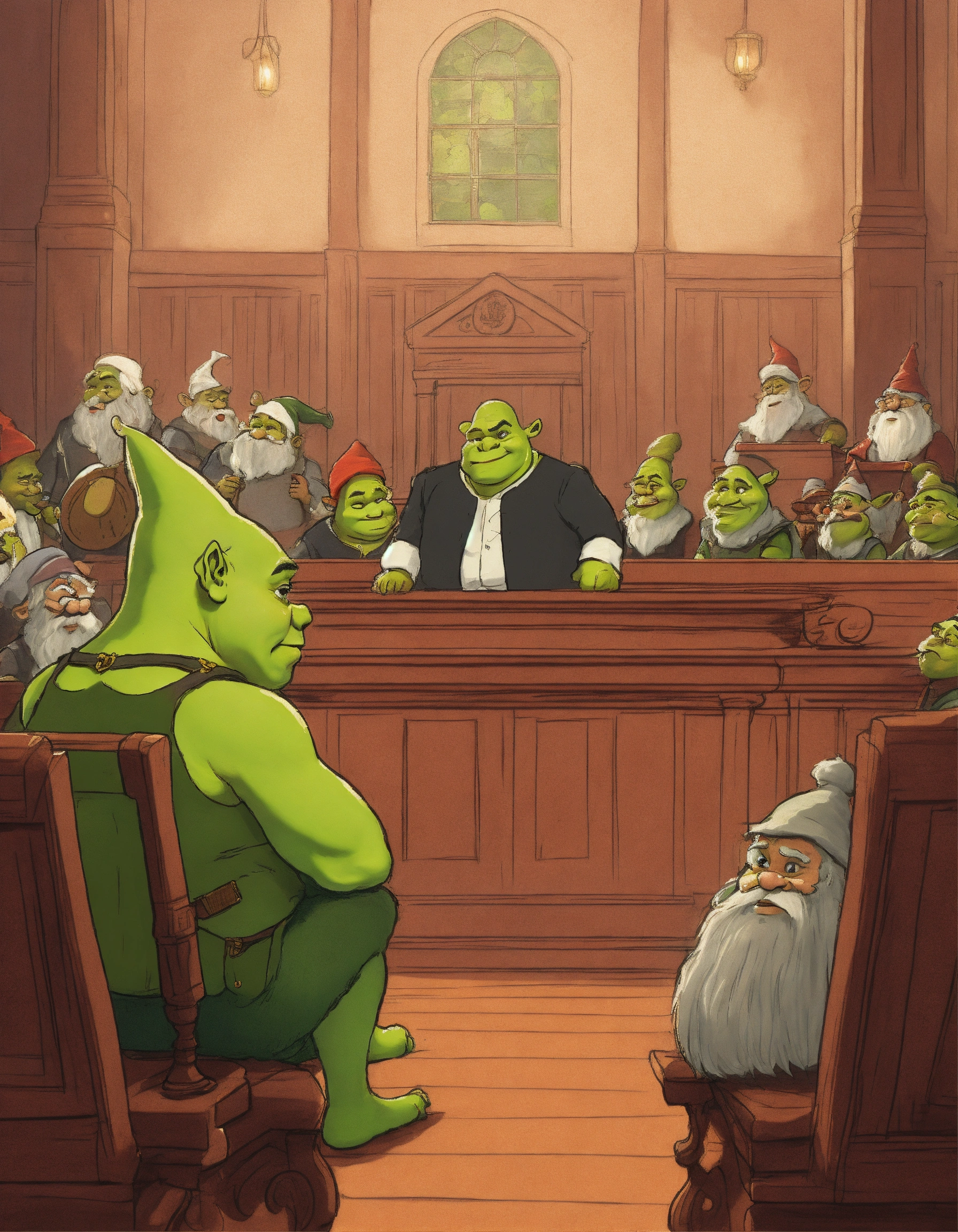 Lexica - A court drawing of Shrek on trial. A jury of gnomes look on at ...