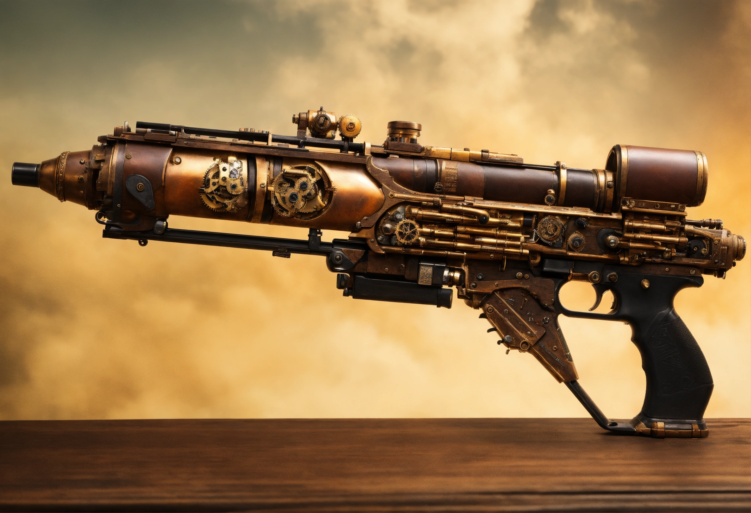 Lexica - Side view of the full image of a steampunk energy rifle