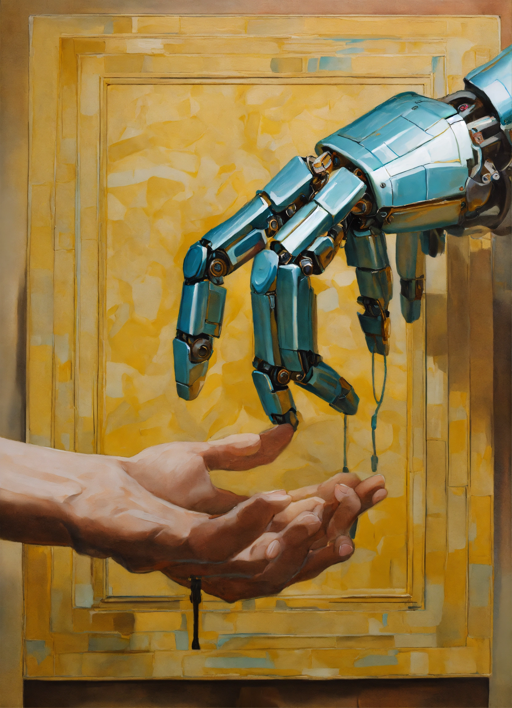 Lexica - A painting of A robot hand connecting to a human hand like the ...