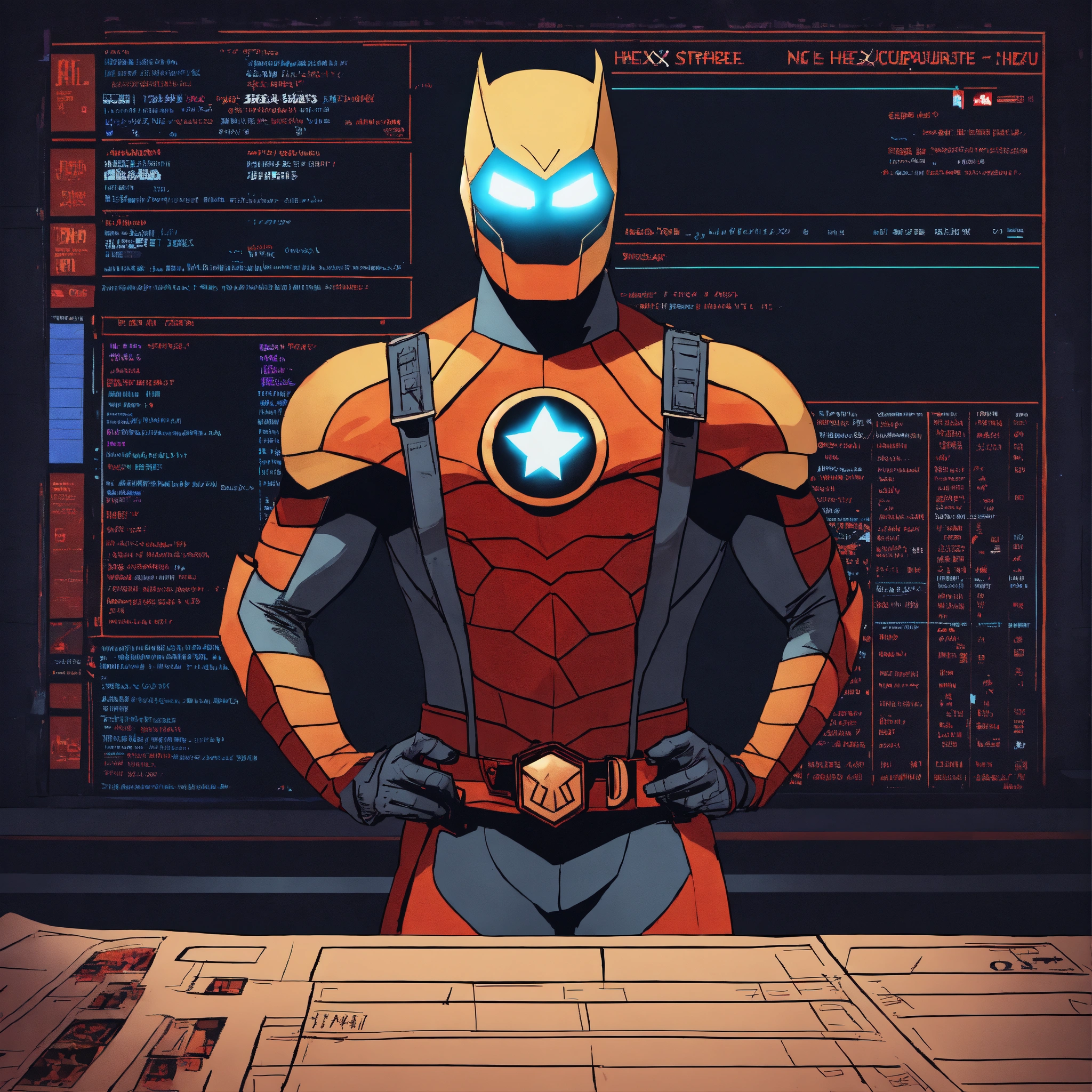 Lexica A strapping young man wearing a superhero suit called "The Hexecutor" on it clearly. He