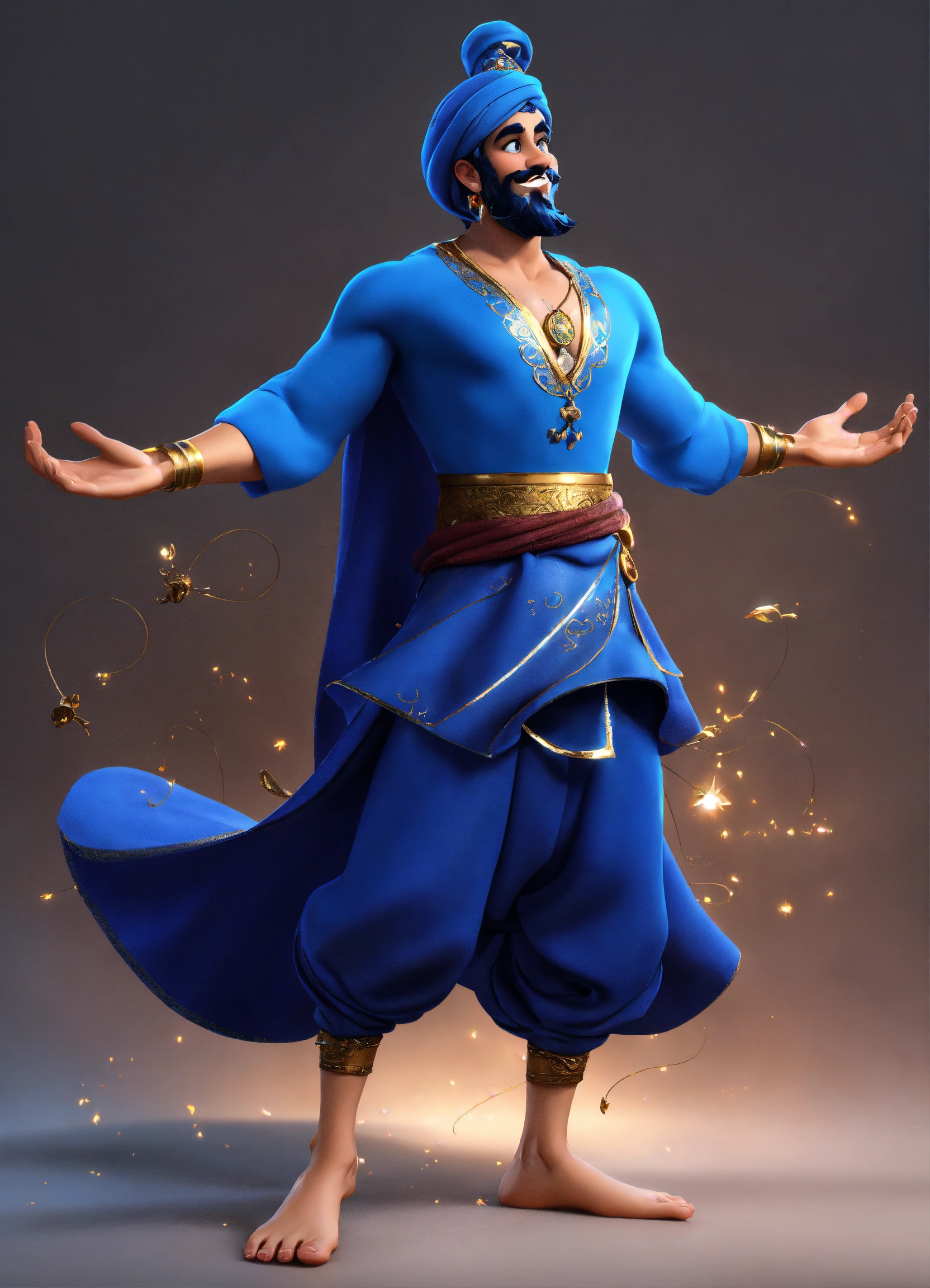 Lexica - Create a 3D rendering of a magical blue Arabian male genie ...