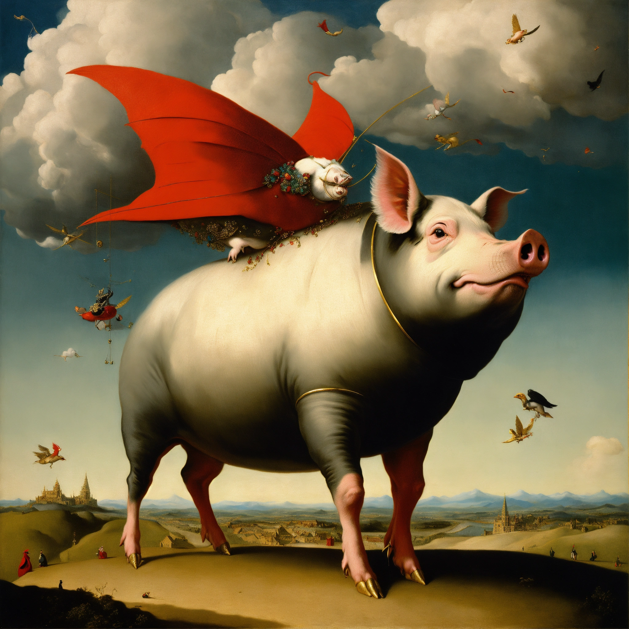 Lexica - Master piece painting of a flying pig looking straight at you ...