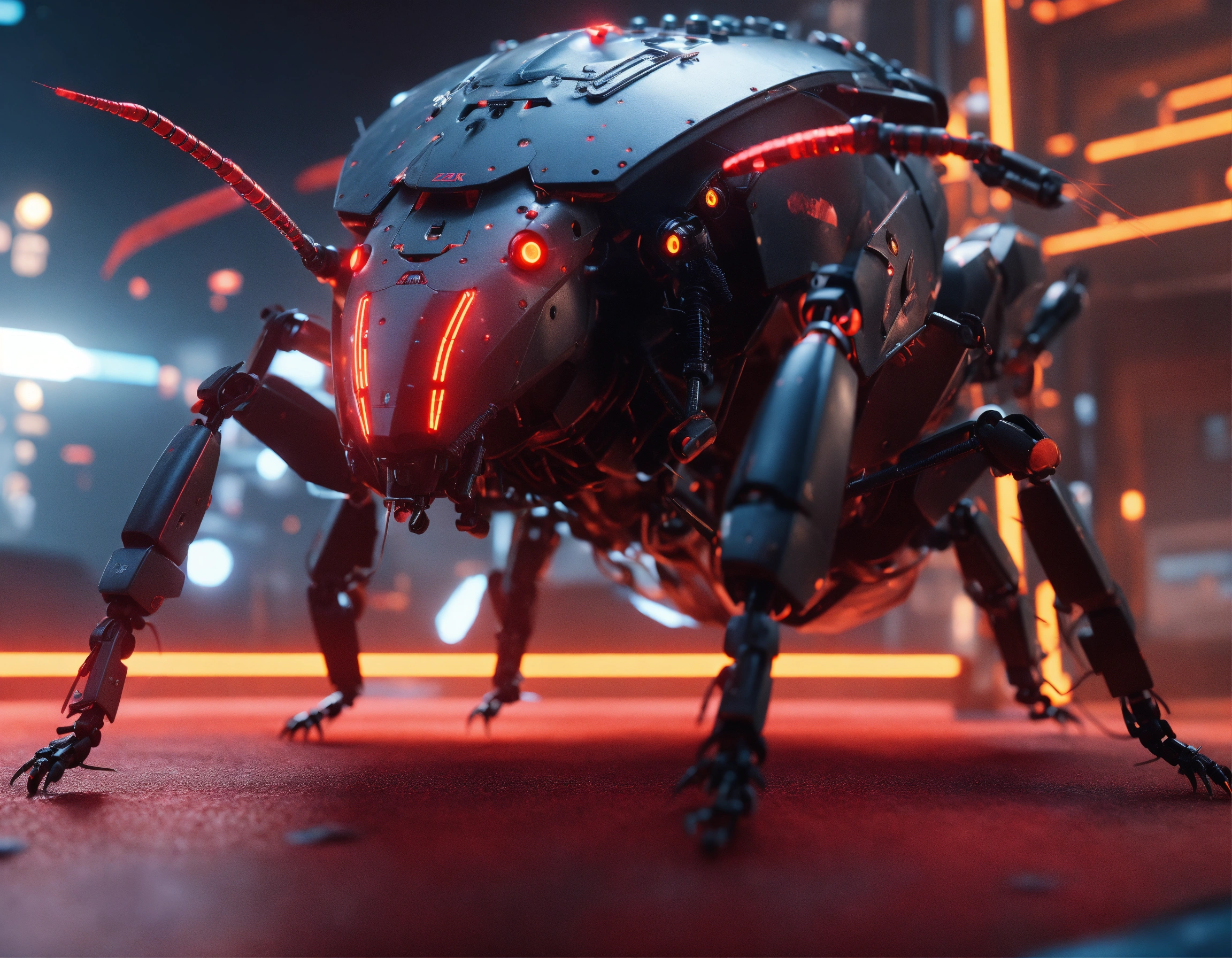 Lexica - Zoom out shot of fierce black cockroach faced standing robotic ...