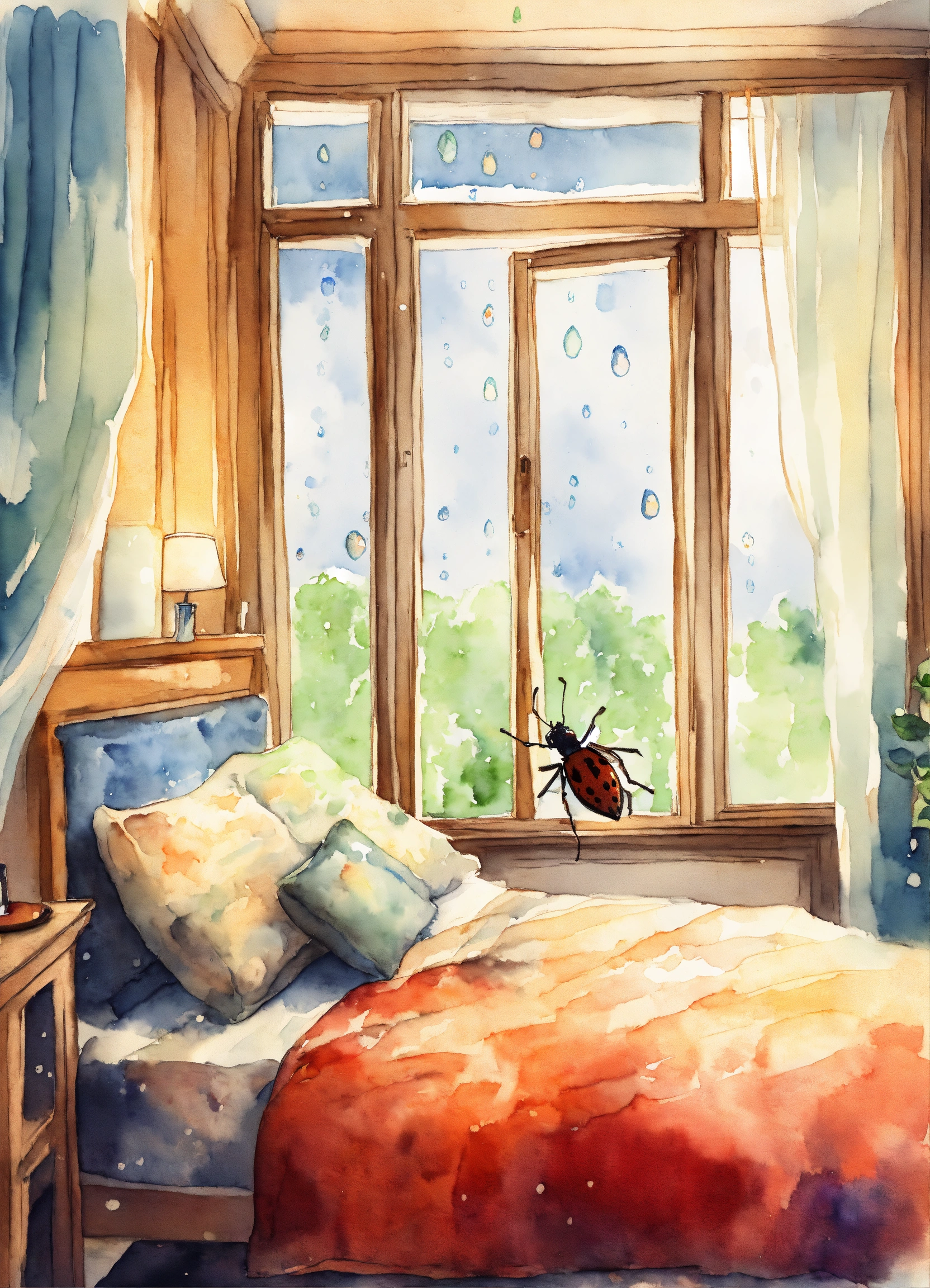 Lexica - In a room next to the window, on the bed a bug is lying on his ...