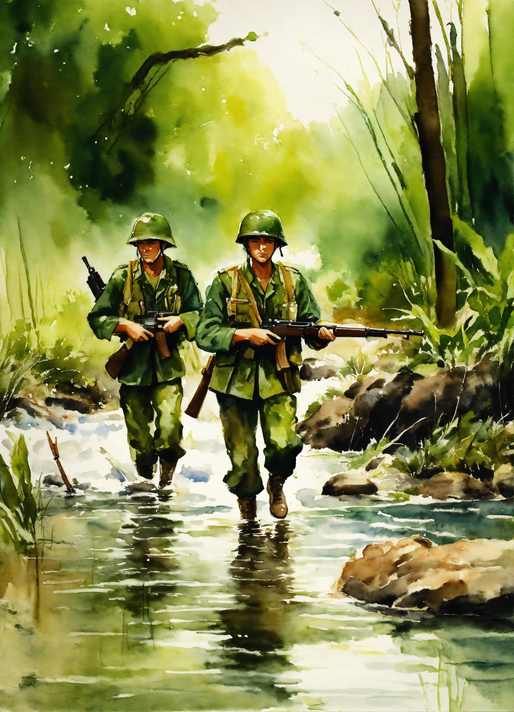 Lexica - Create a watercolor painting of a U.S. Army patrol crossing a ...