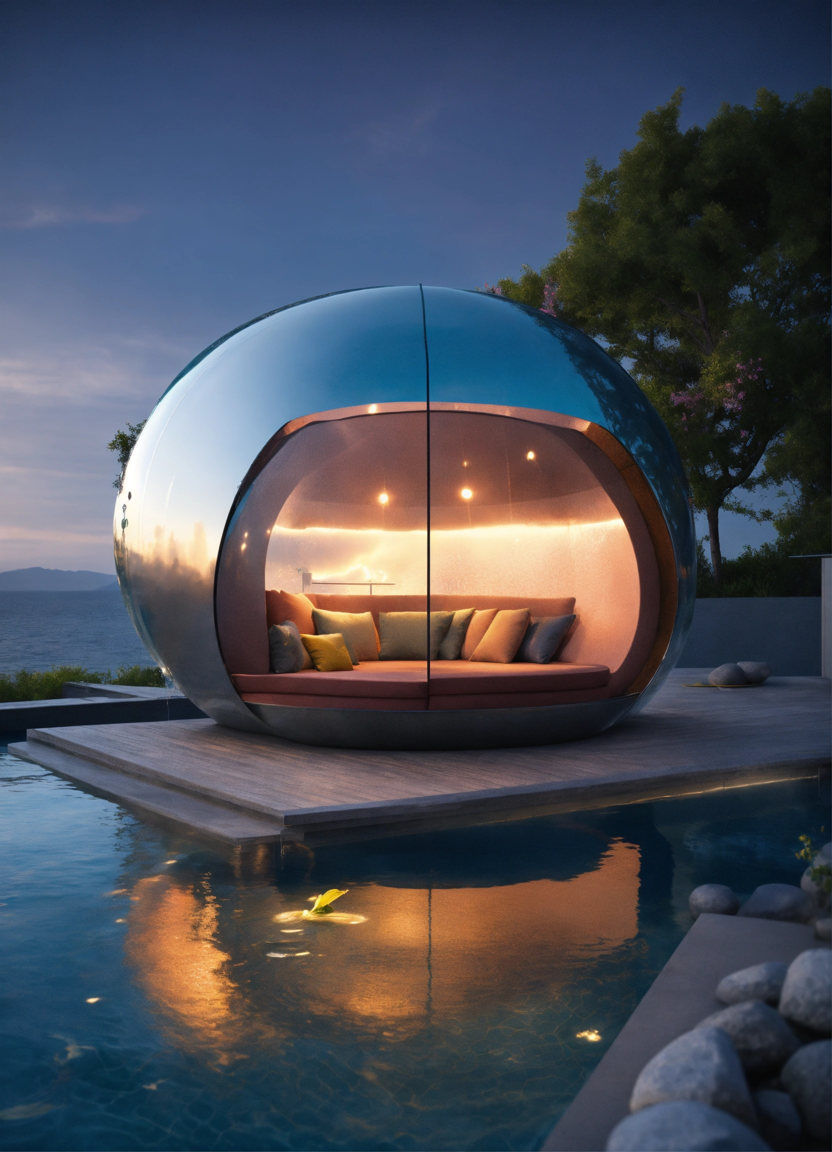 Lexica - Show a future with floating pools, in the future. With rubber ...