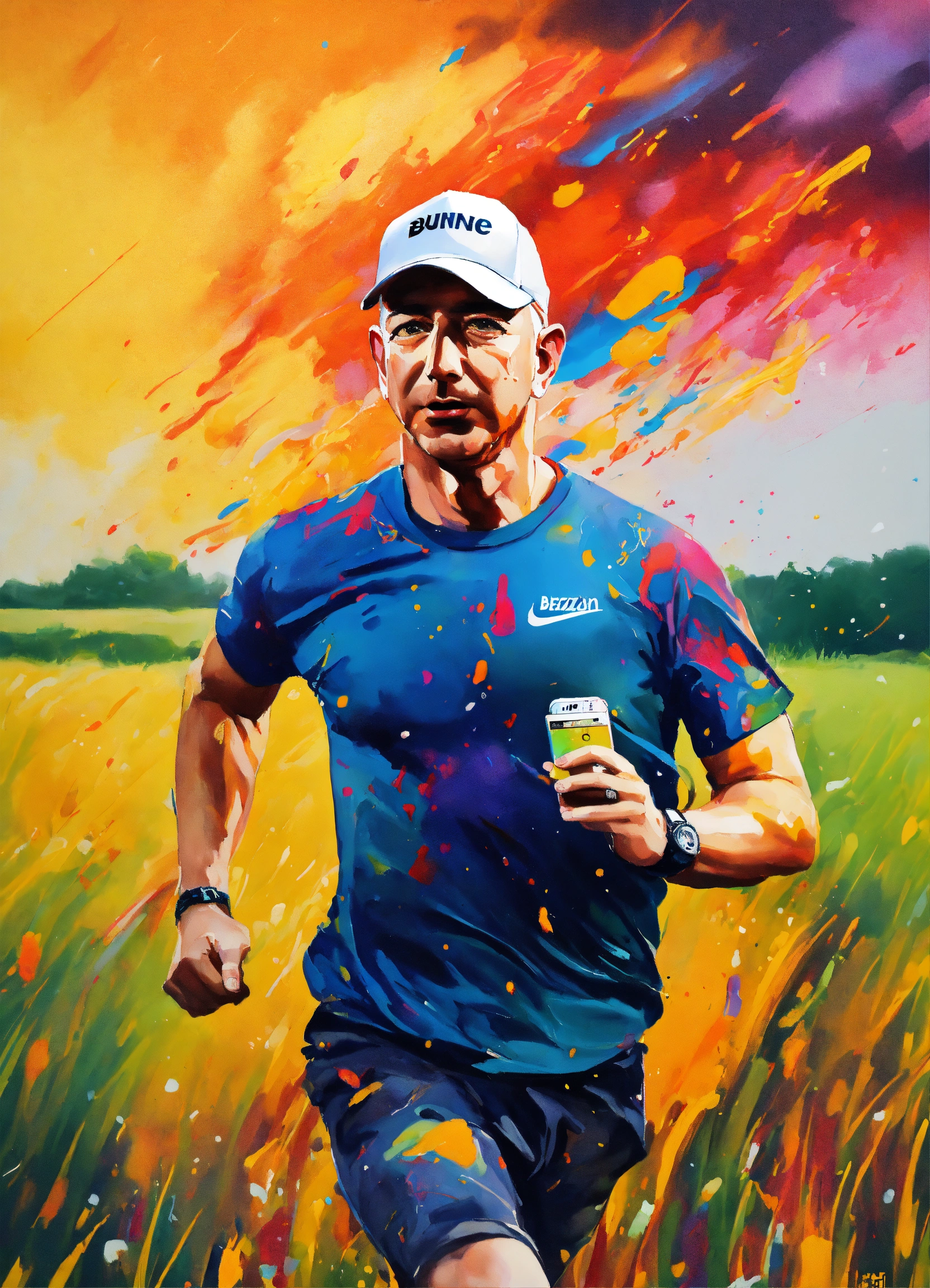 Lexica - A painting of 'Jeff Bezos' running with a cap no text, and t ...