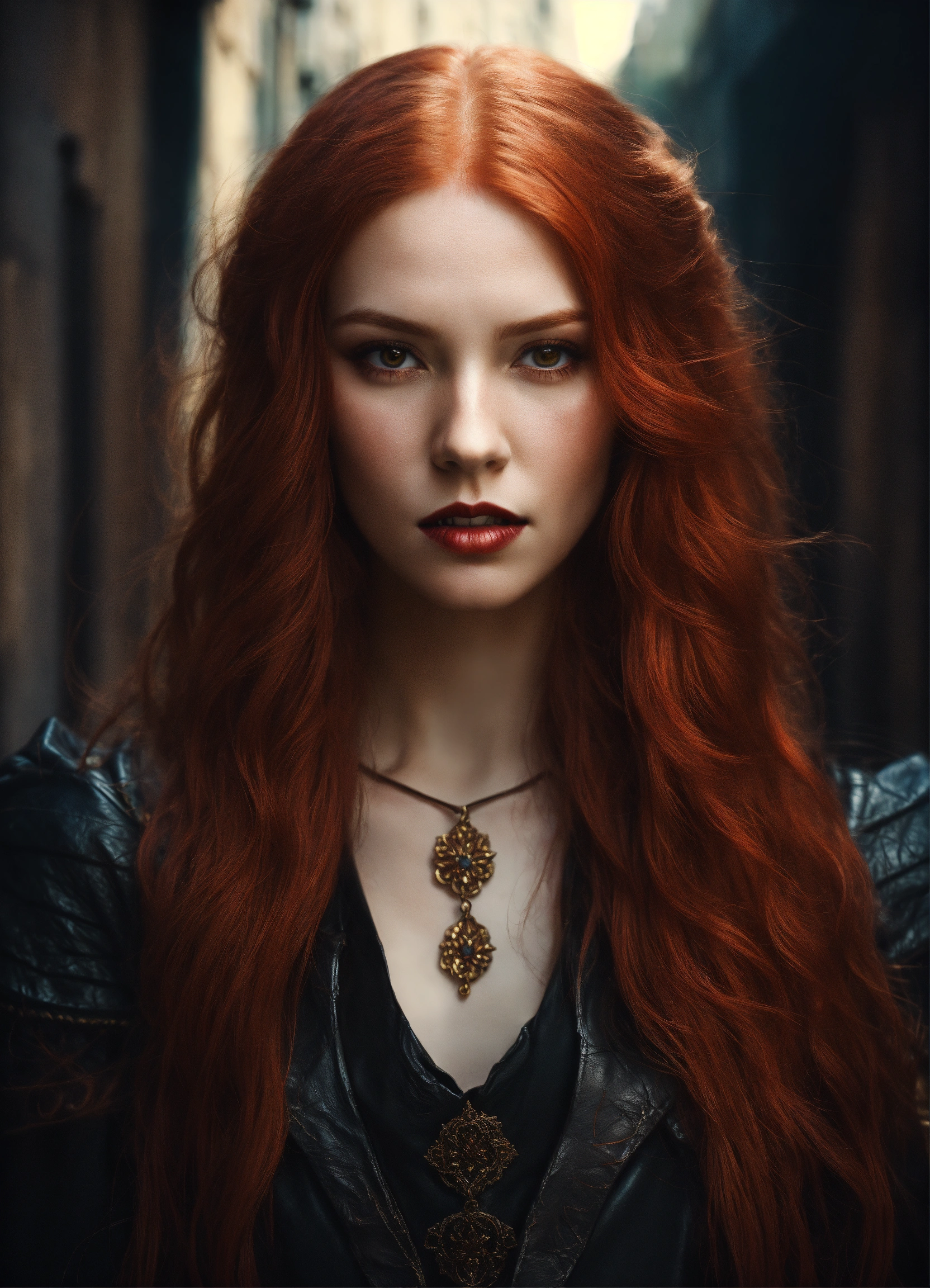 Lexica - A portrait of a beautiful redhead vampire, Symmetrical face ...