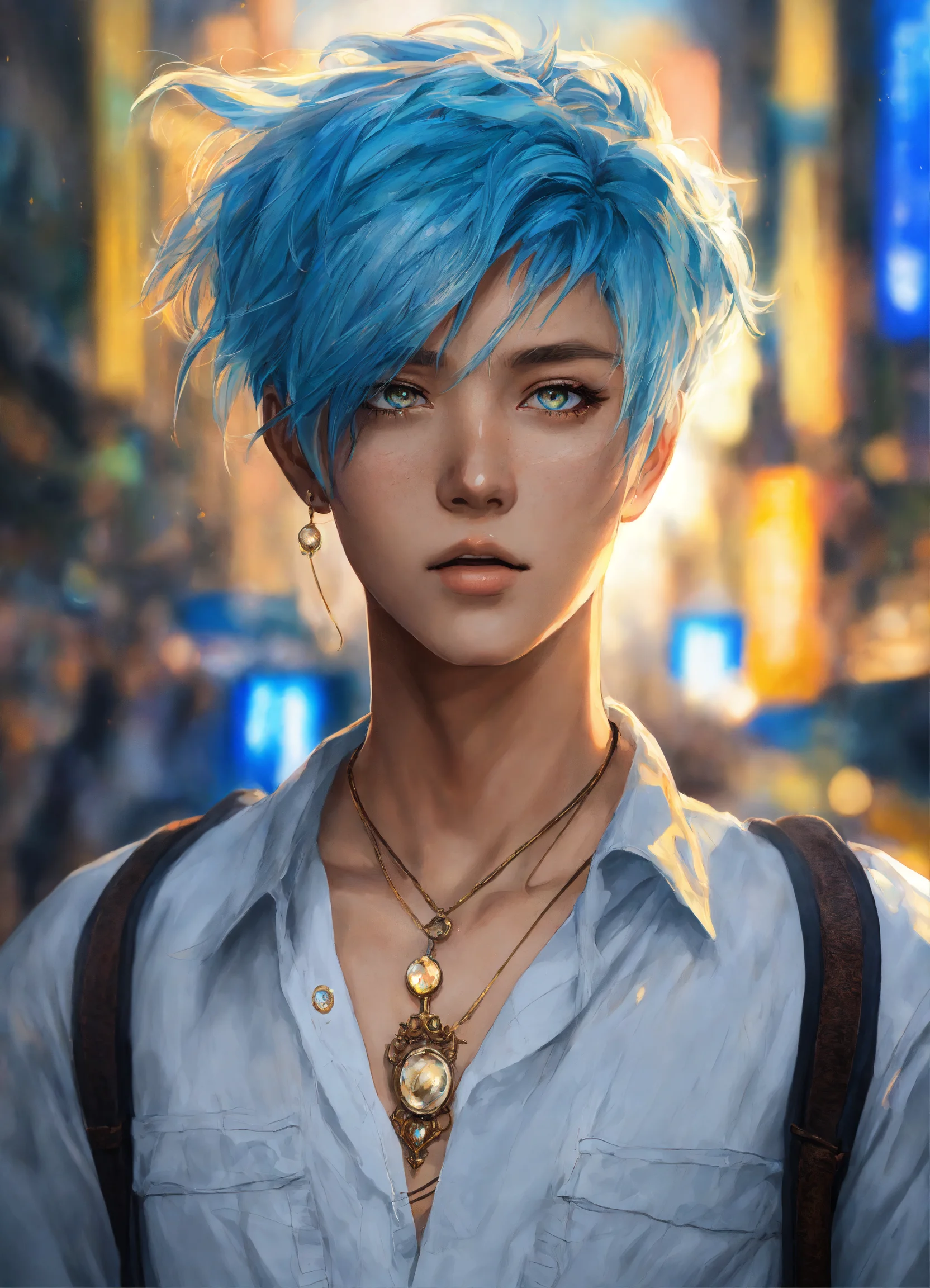 Lexica - Portrait of an anime character hyper realistic blue hair gold eyes