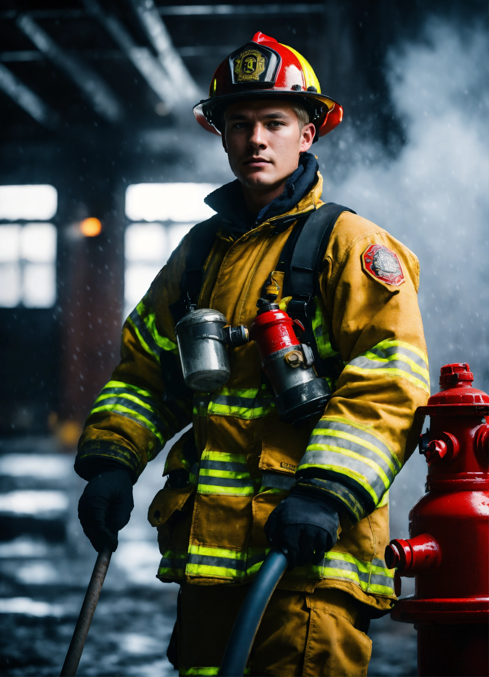 Lexica - A handsome blond firefighter, wearing protective gear, gloves ...