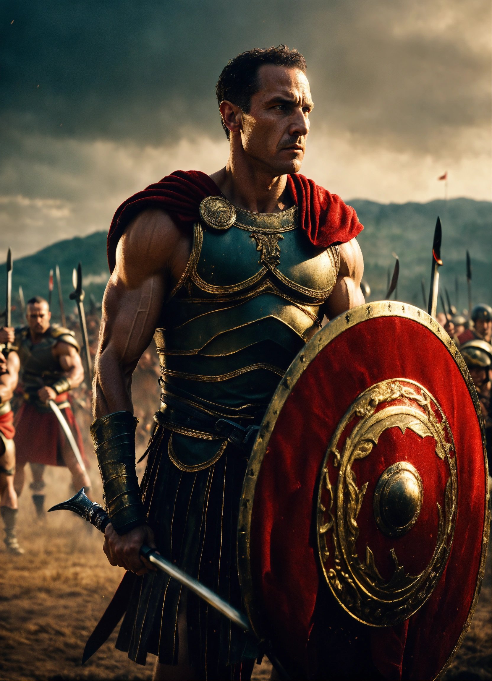 Lexica - Cinematic shot of Julius Caesar holding a spear, in the middle ...