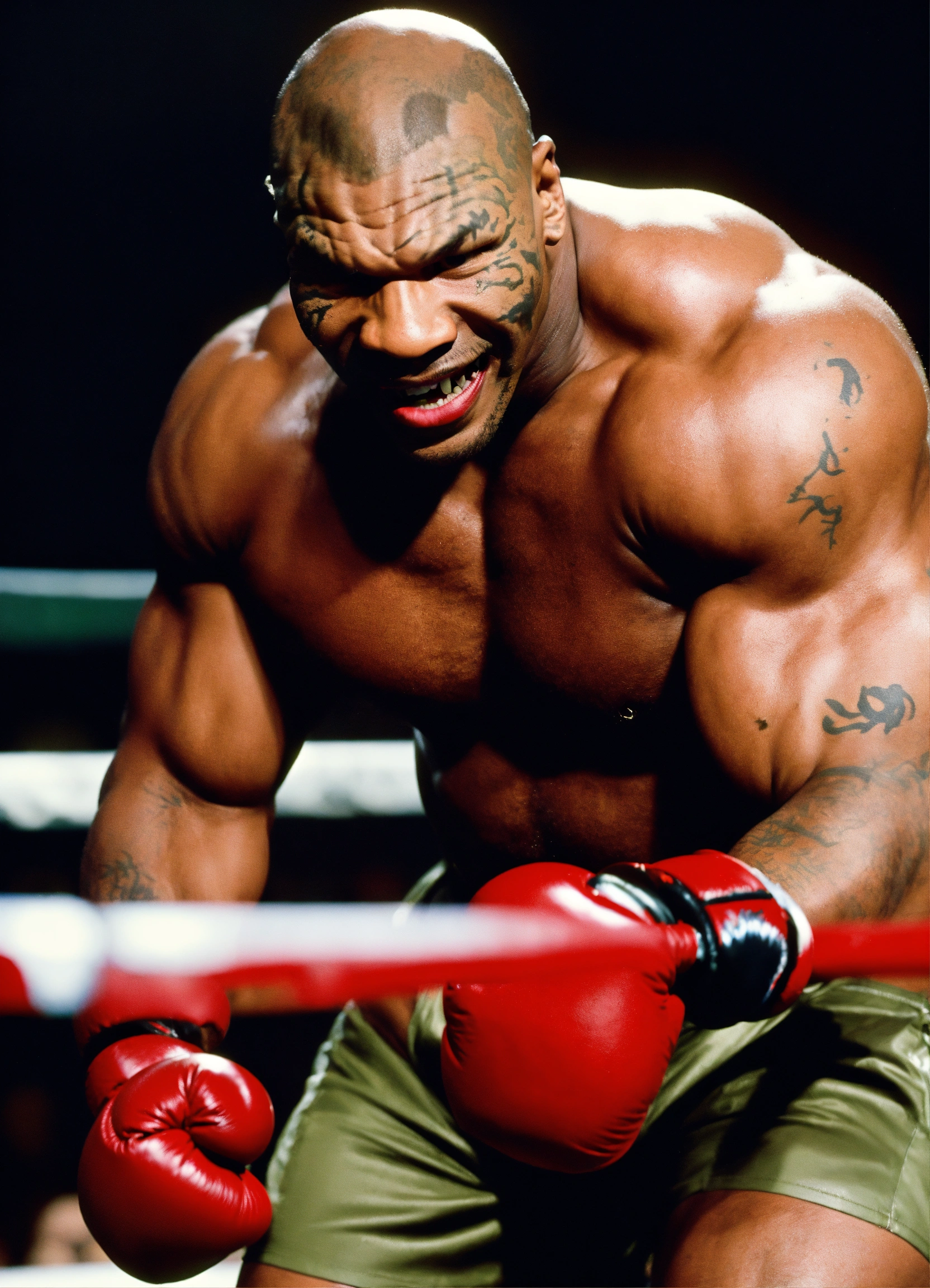 Lexica - Mike Tyson as a monster ogre about to destroy an opponent in the boxing ring. Mike Tyson showing his sharp razor teeth to the opponent. His ...