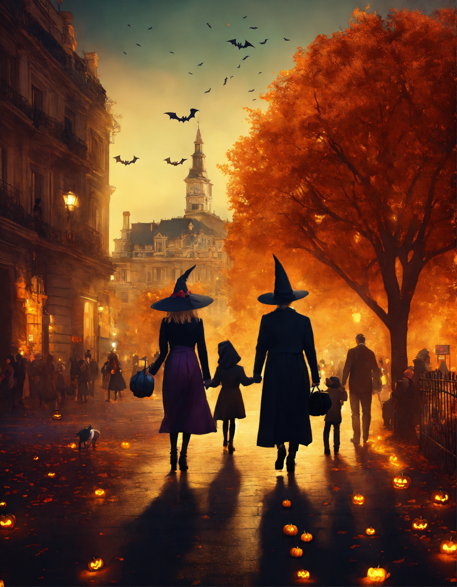 Lexica - October halloween landscape in the city, people in costumes, a ...