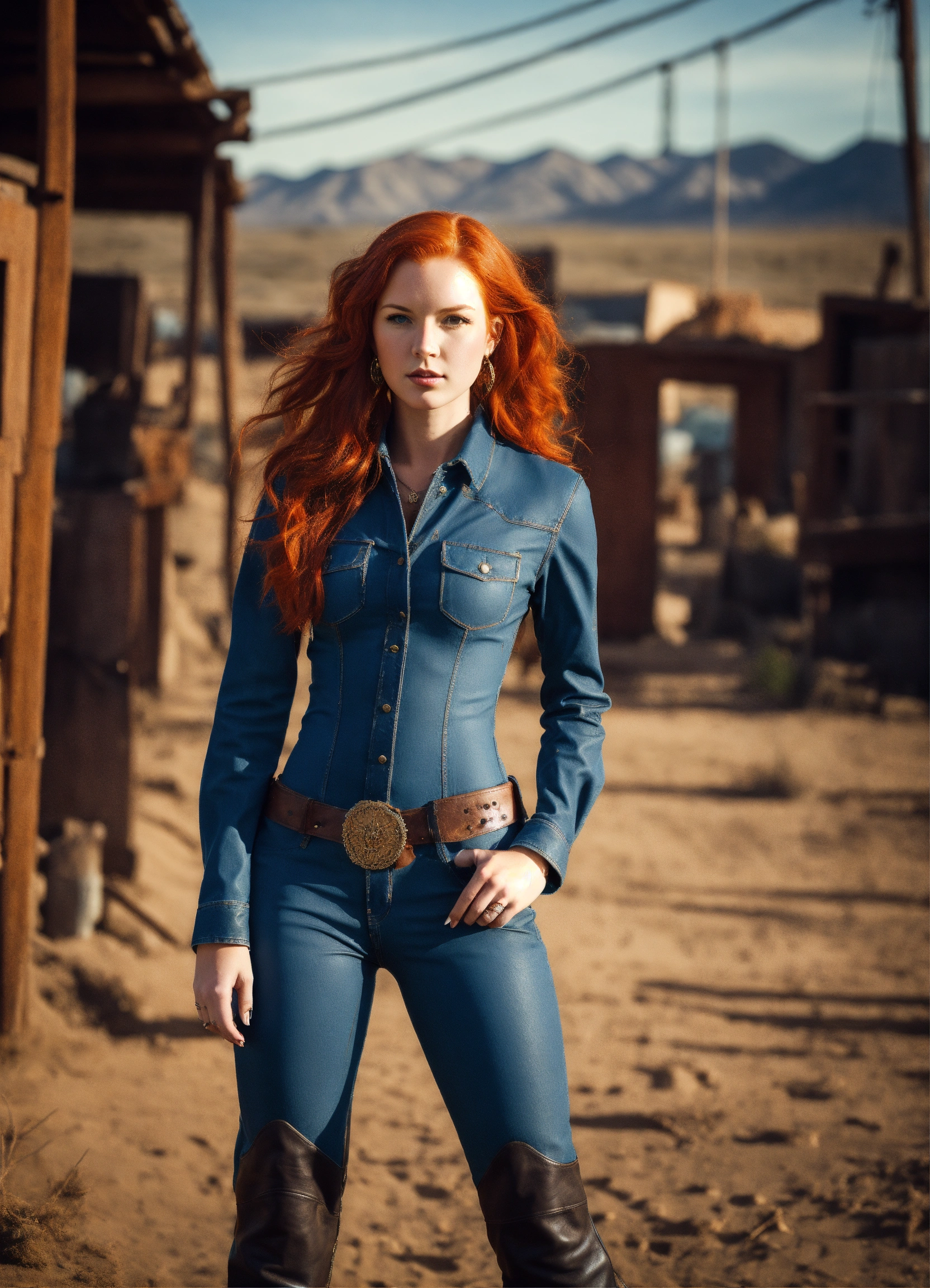 Lexica - A real photo of a hot 25 year old redhead cowgirl . She is wearing  a denim catsuit and a leather had. She stands in a very old western alien...