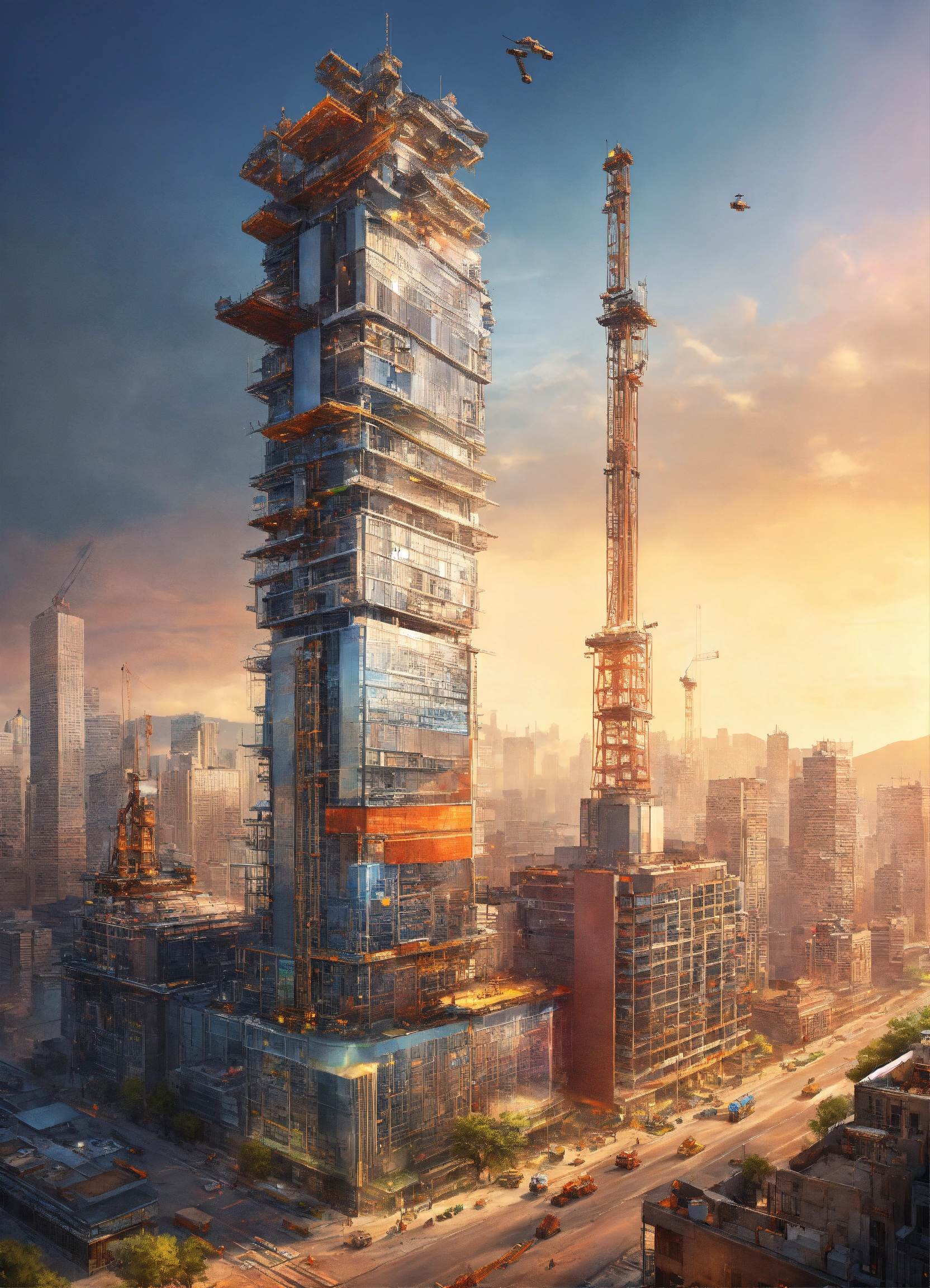 Lexica - A robotic construction crew assembling a towering skyscraper ...