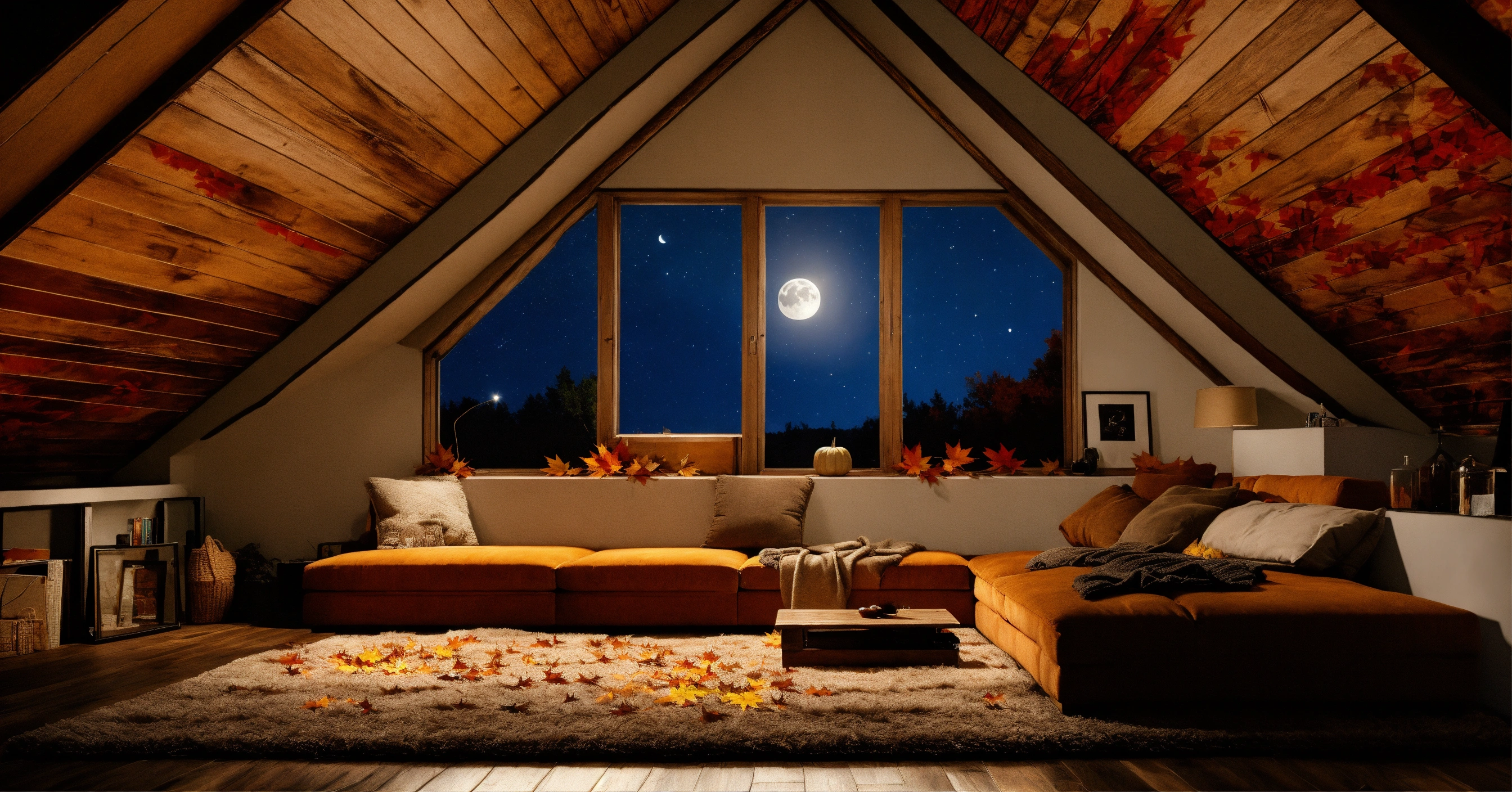 Lexica - Night time attic, fall leaves, night window, fluffy rug ...