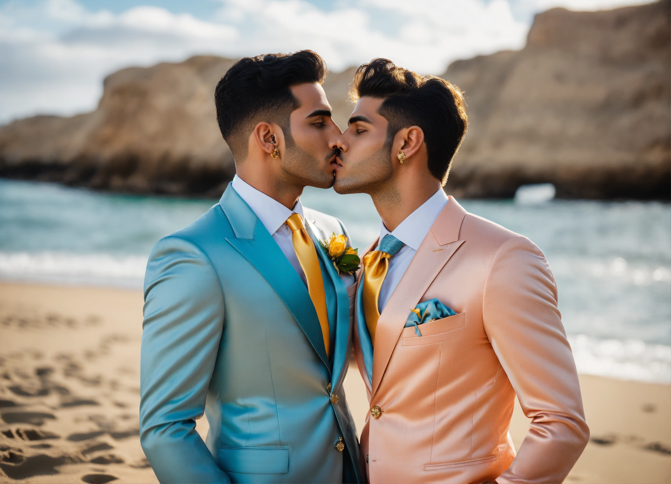 Lexica - Two Egyptian male models, in satin peach and pale blue suit,  golden tie, golden earings, kissing on the beach