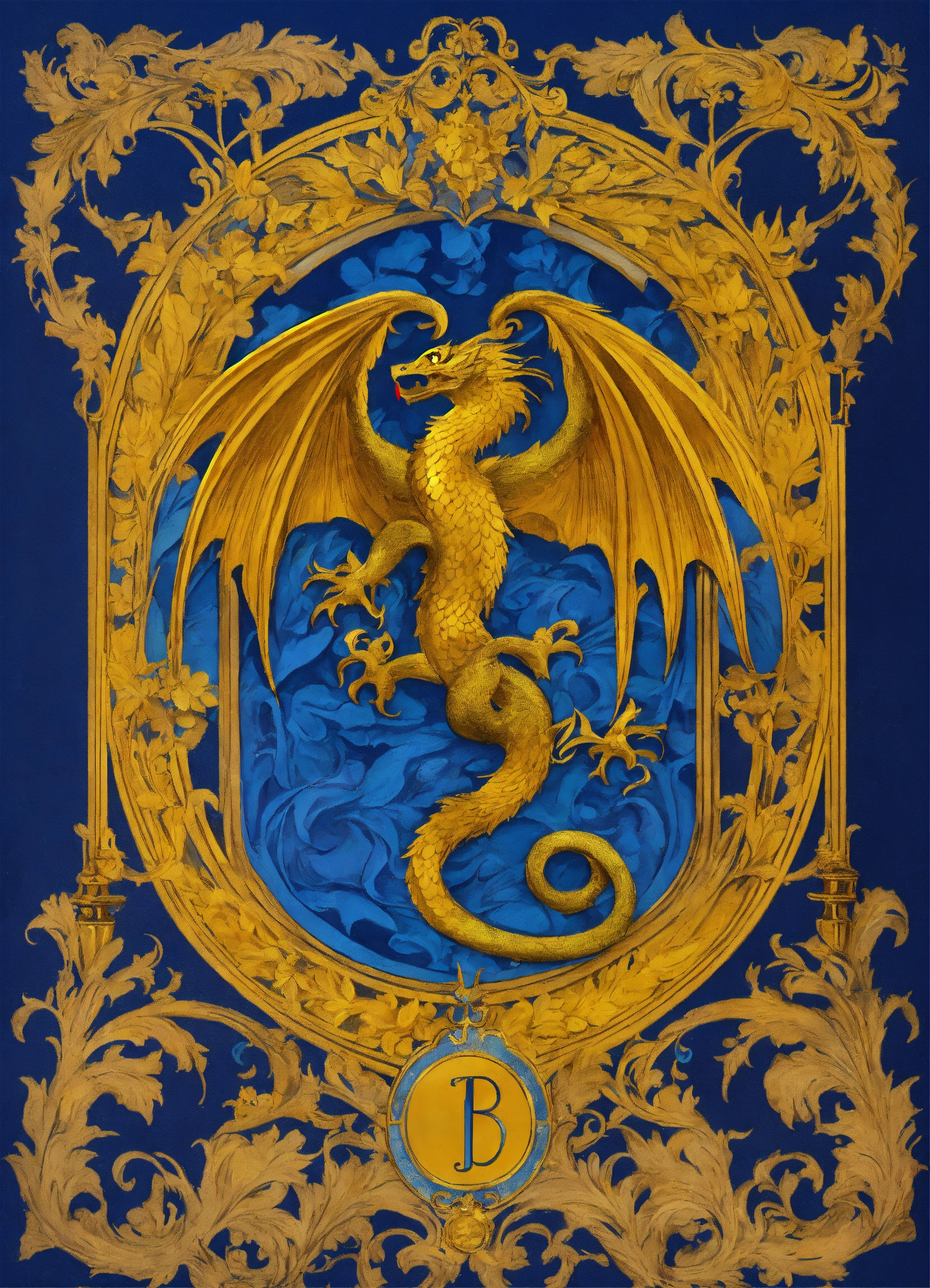 Lexica - Basilisk coat of arms, art nouveau, roccoco, blue and gold