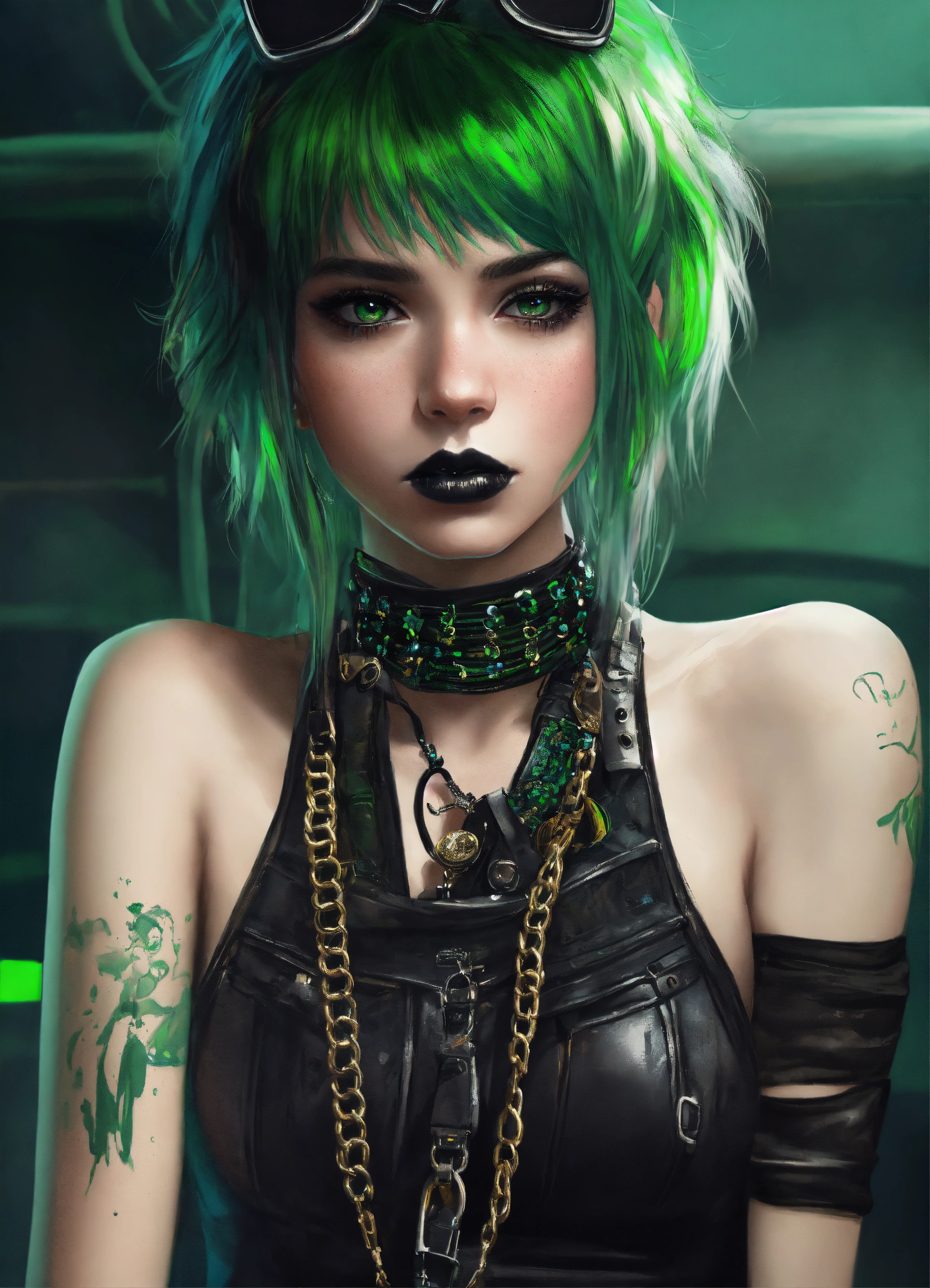 Lexica Punk Chick Fully Body Green Hair Bangs Hairstyle Pale Skin High Detail Highly