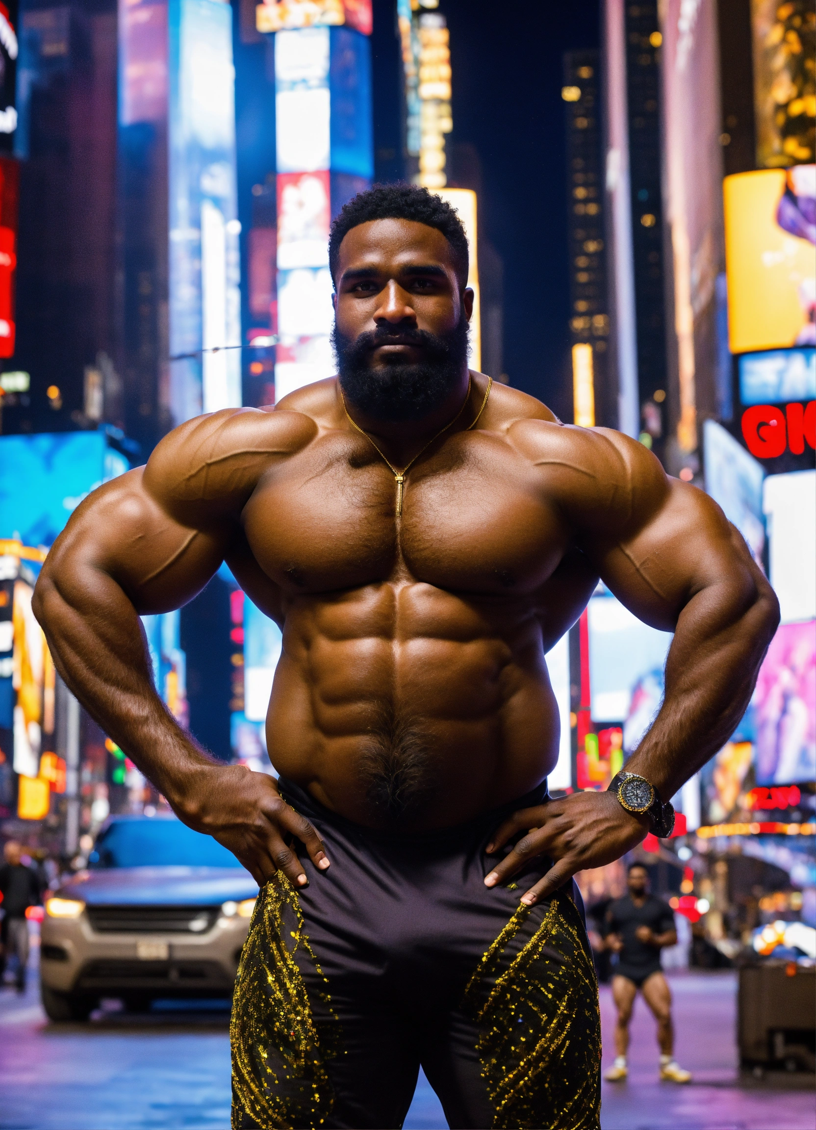 Lexica - 30-year-old hairy Sudanese man with big muscles, big bodybuilder,  body like a wrestler, in Times Square at night