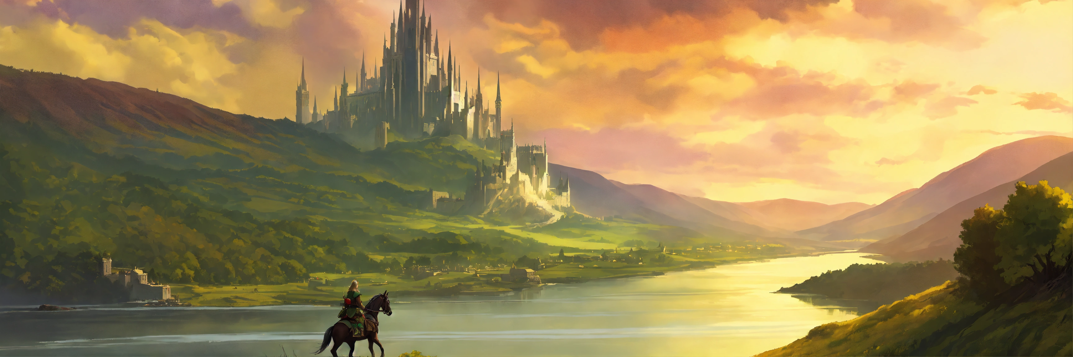 Lexica - Fantasy setting, elf ranger on horseback, looking over a large ...