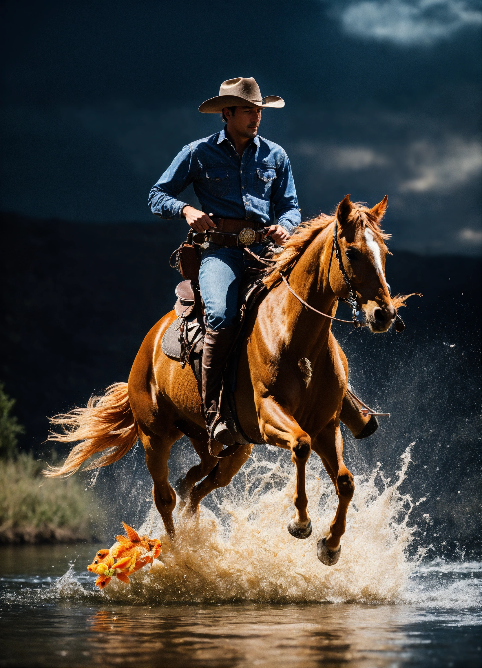 Lexica - Cowboy riding goldfish, best quality, real picture, intricate ...