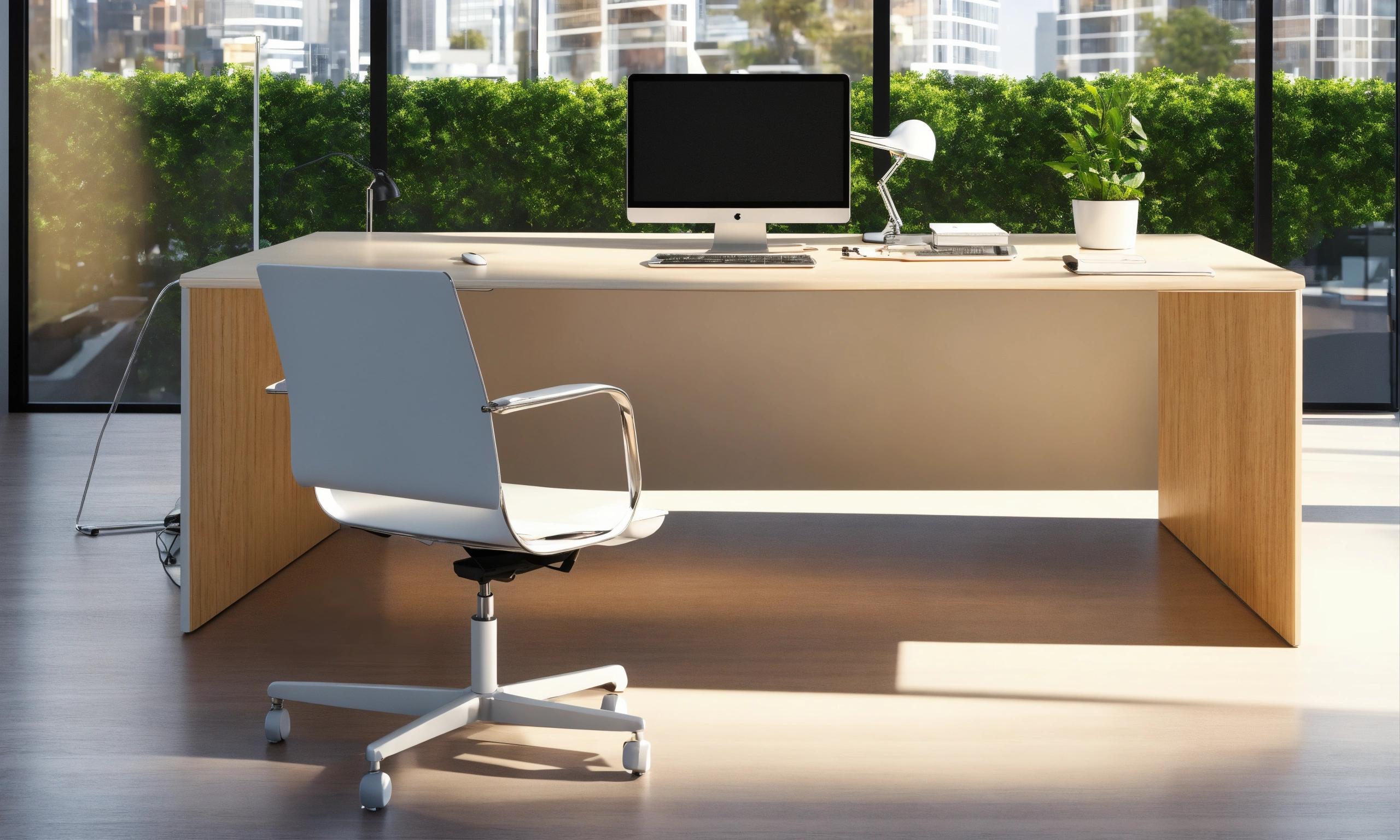 Lexica - White wood office desk, official, computer, close up, modern ...