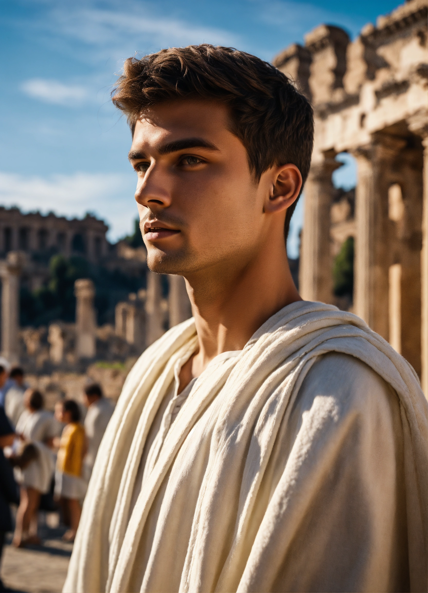 Lexica - Photo of one young man in whiteclothes looking to the camera ...