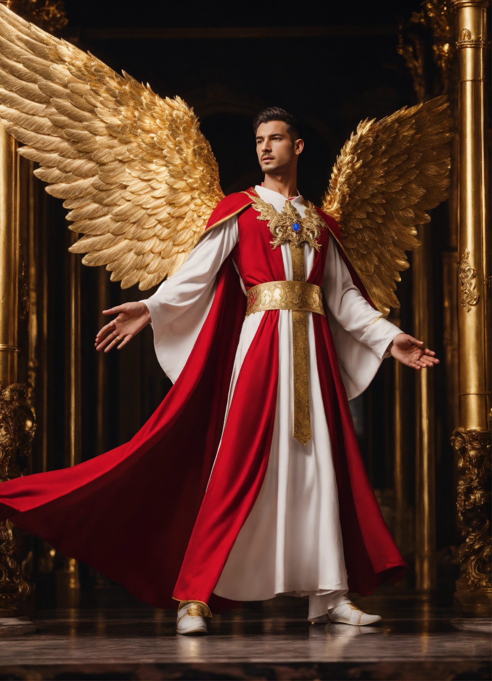 Lexica - Male angel in white robe in motion with gold appliqués and ...