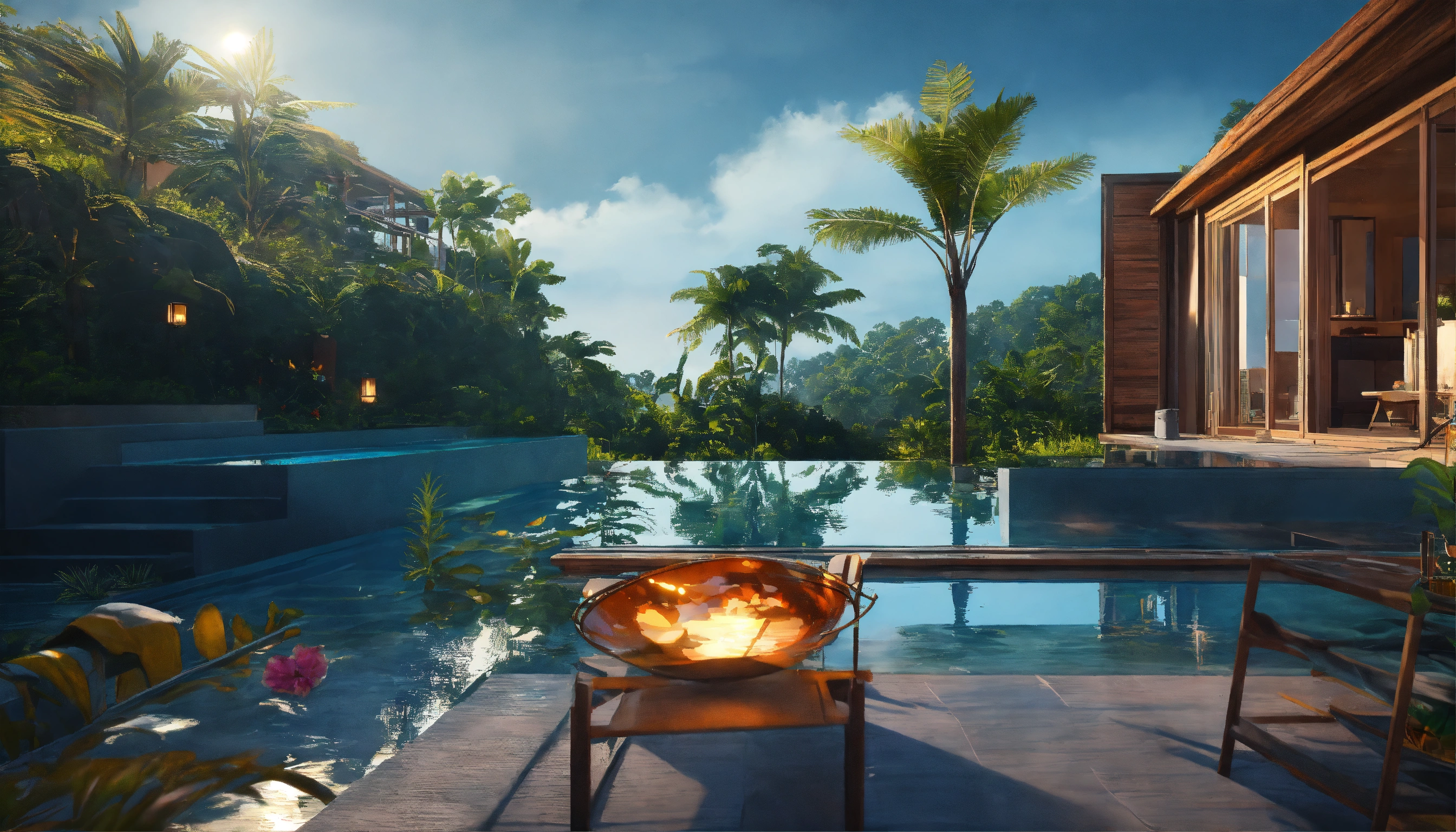 Lexica - Villa overlooking a swimming pool at sunset, in the style of ...