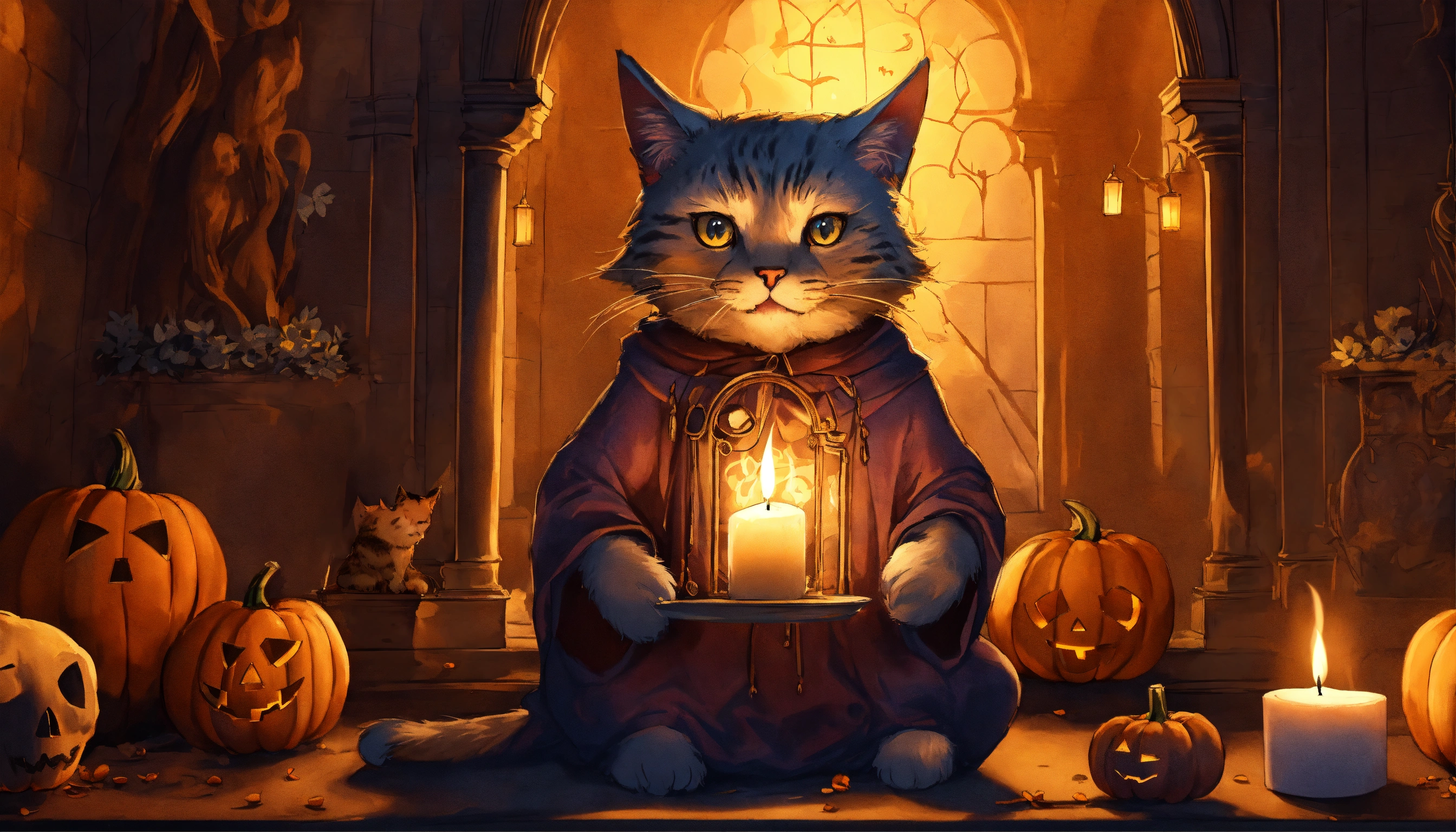 Lexica - An anthropomorphic cat holding a candle in his hands inside a ...