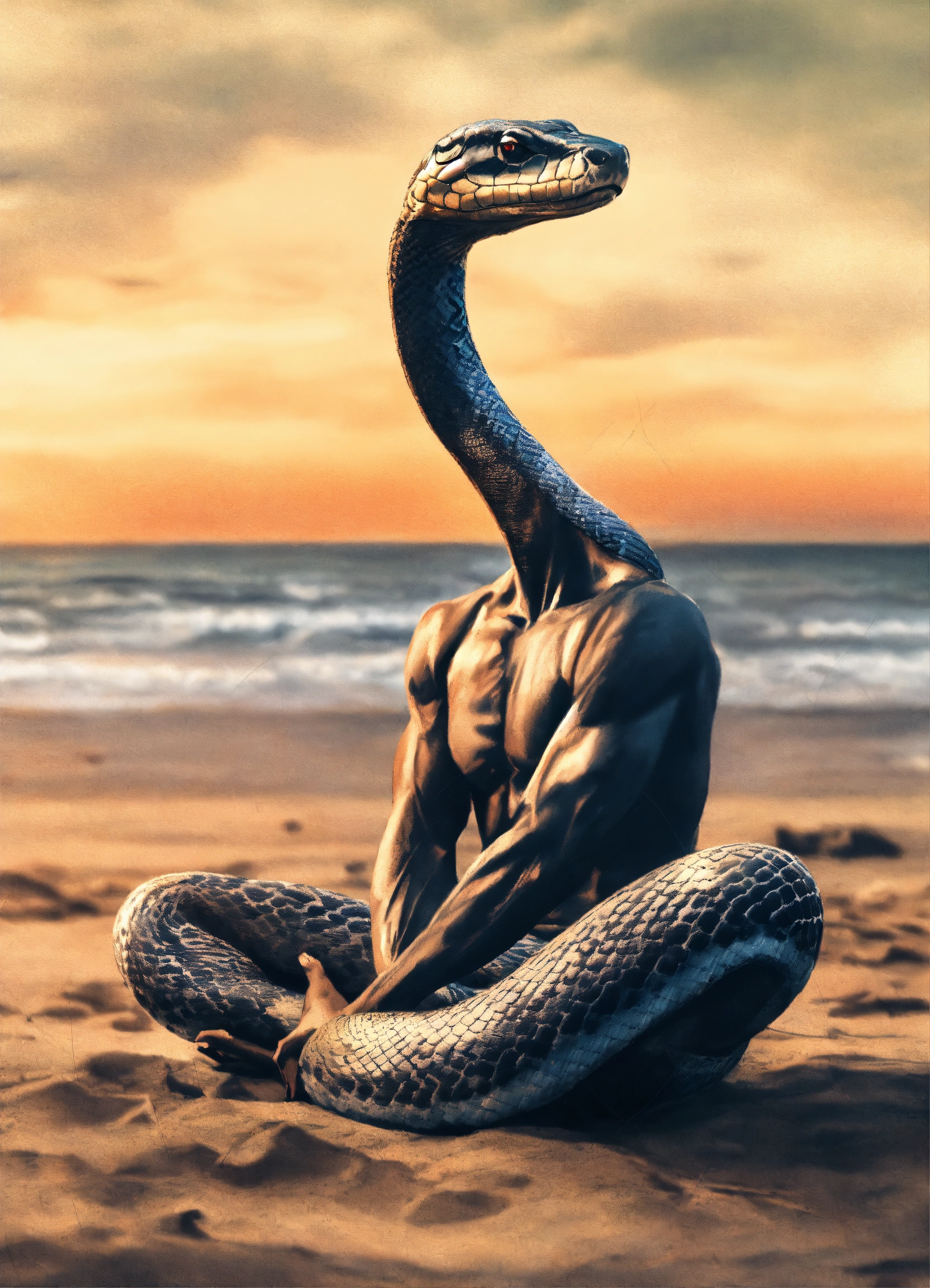 Lexica - Sly snake doing yoga at the beach, Charcoal sketch, 8k, puzzling