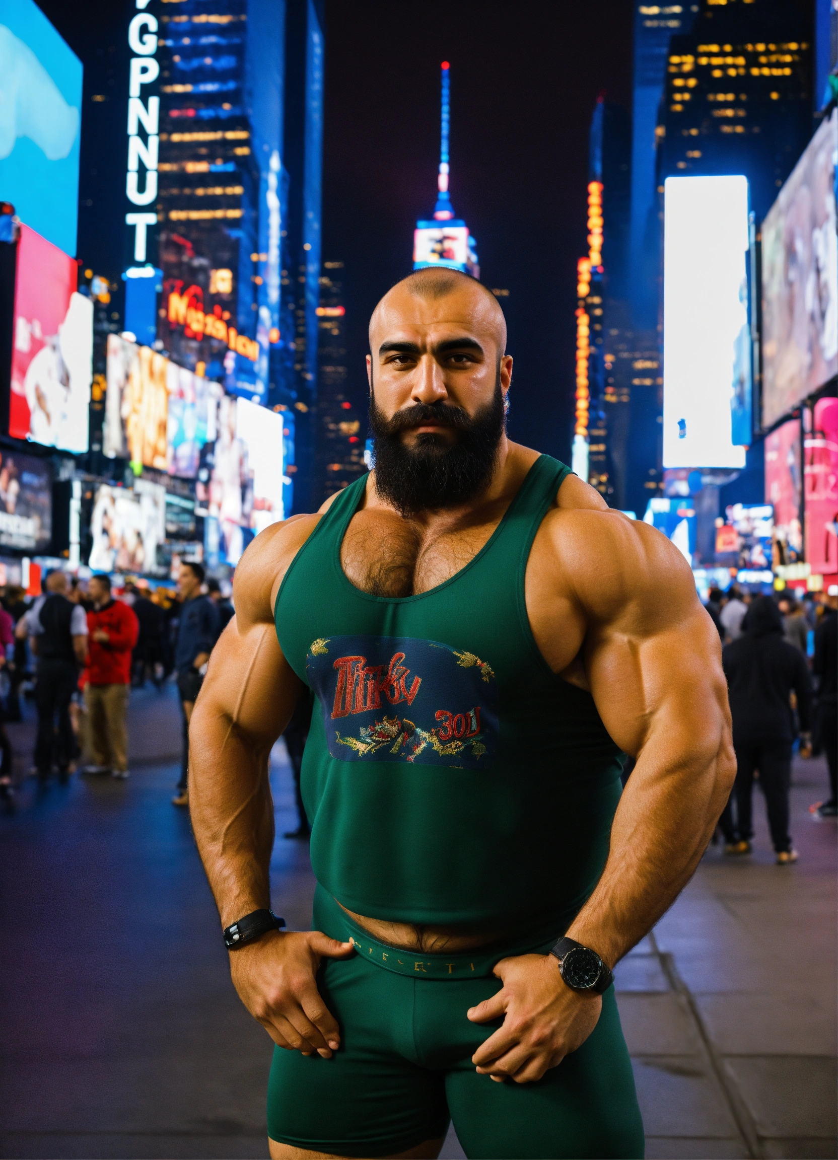 Lexica - 30-year-old hairy Turkish man with big muscles, big bodybuilder,  body like a wrestler, in Times Square at night