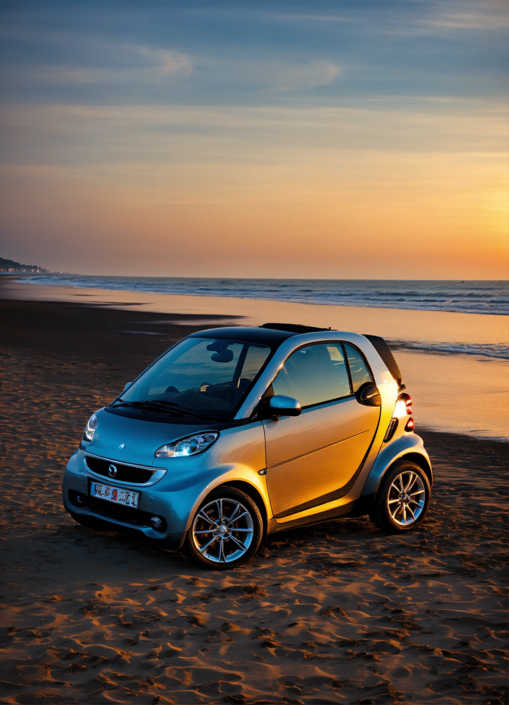 Lexica - Smart Car am Strand beim Sonnenuntergang.