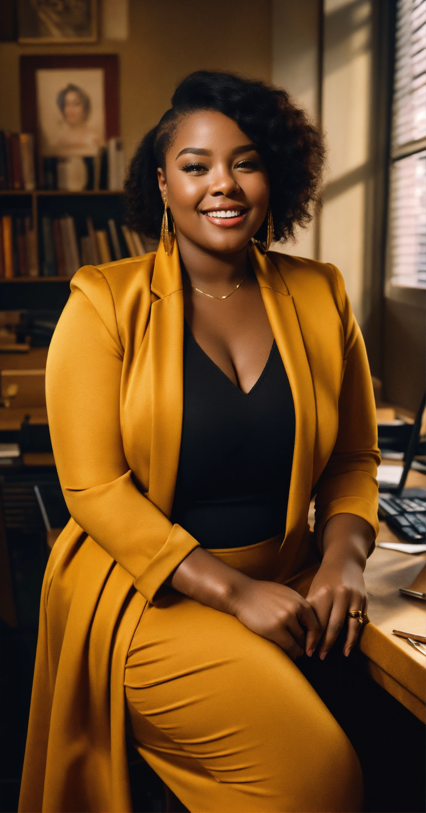 Lexica Fashion Portrait Of Plus Size Black Women Sitting At Desk Smilimg Reddish Blonde 1209