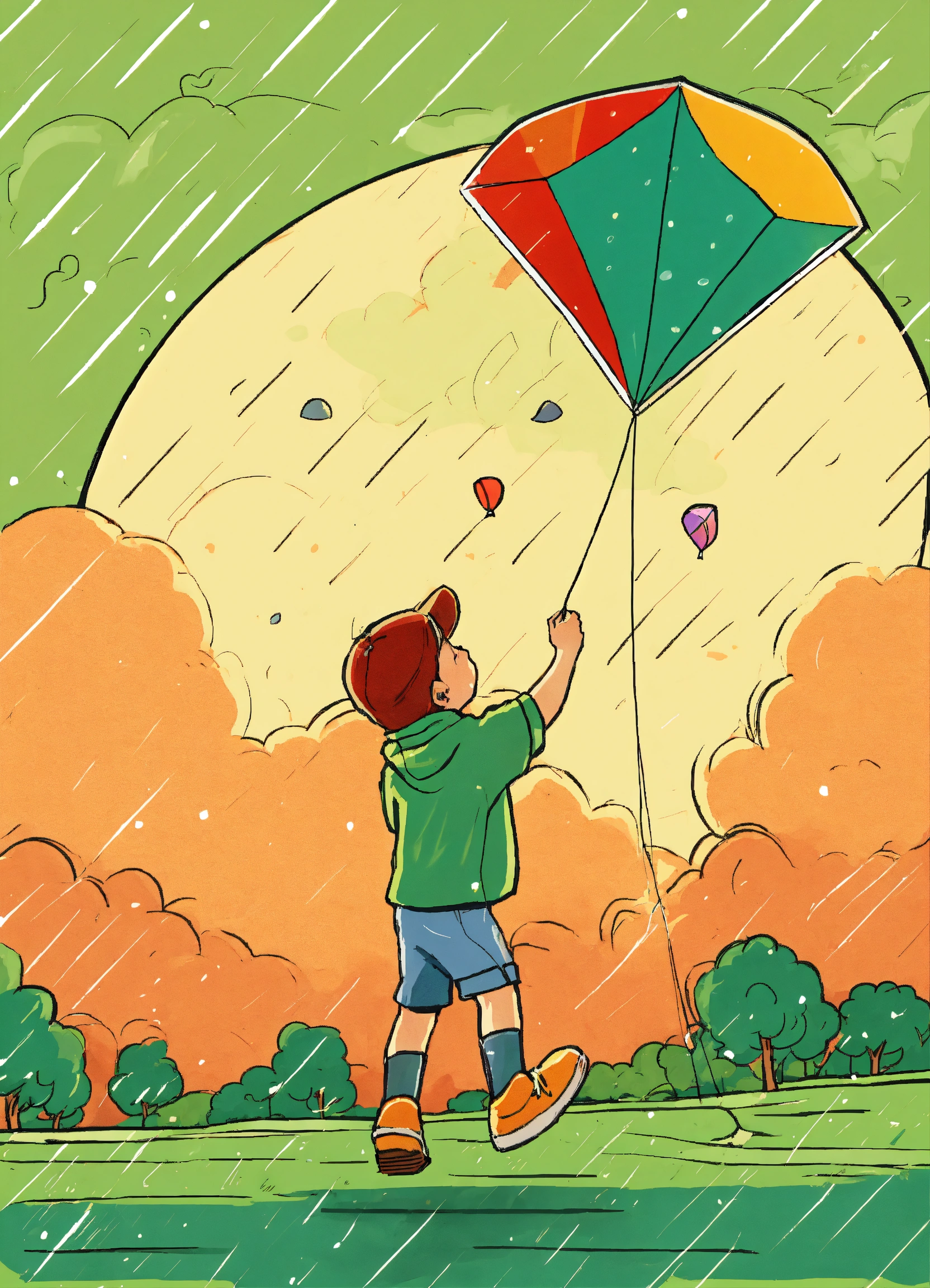 Lexica - Boy flying a kite in the rain cartoon green