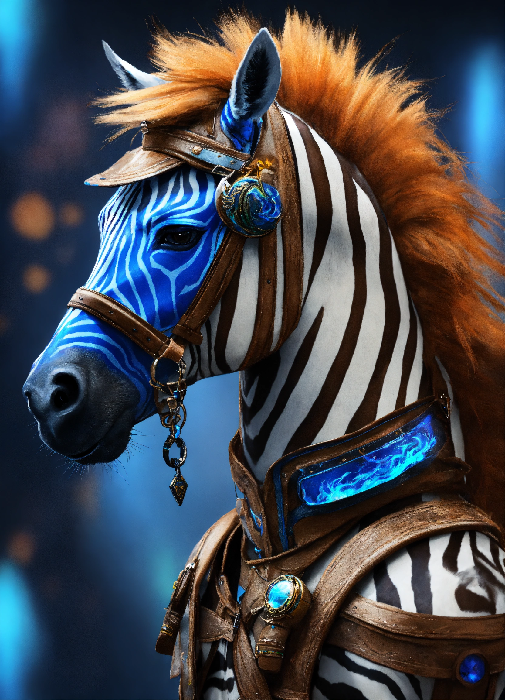 Lexica - Zebra with riding gear, with a mane and tail of blue flame