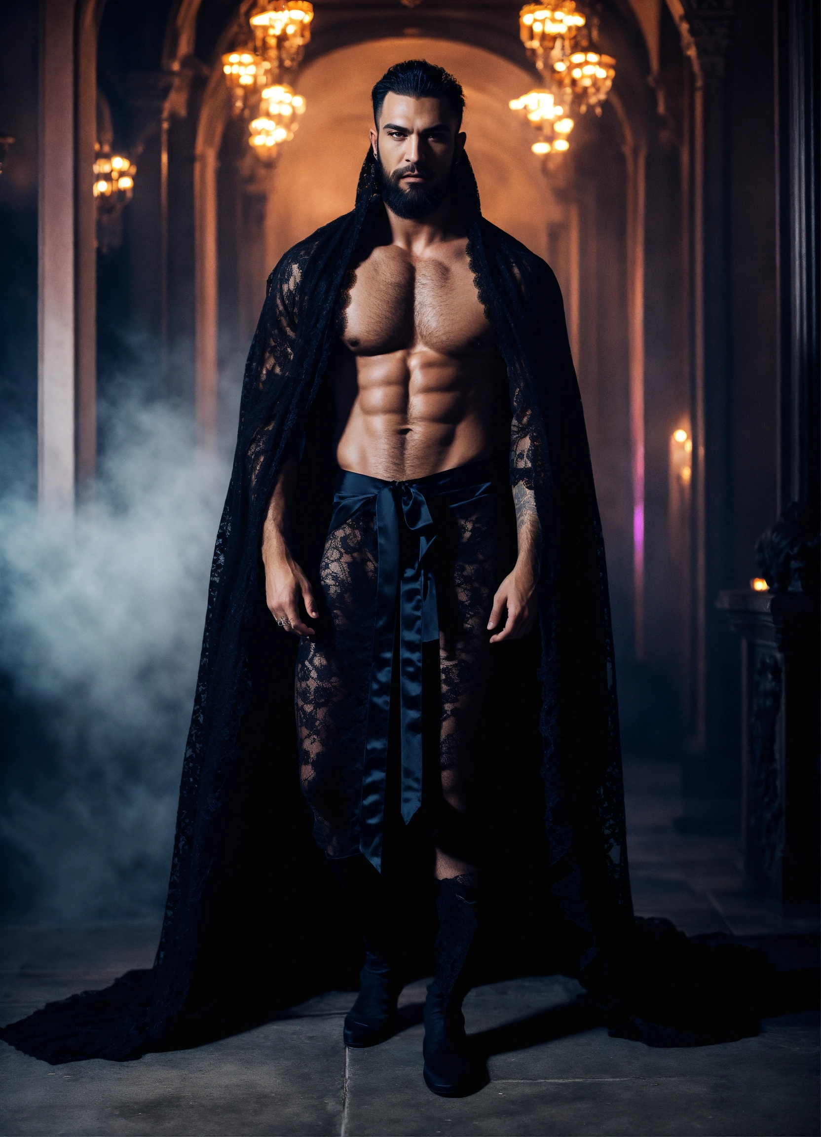 Lexica - Full shot of a black vampire sheer lace robe, muscular, beard ...