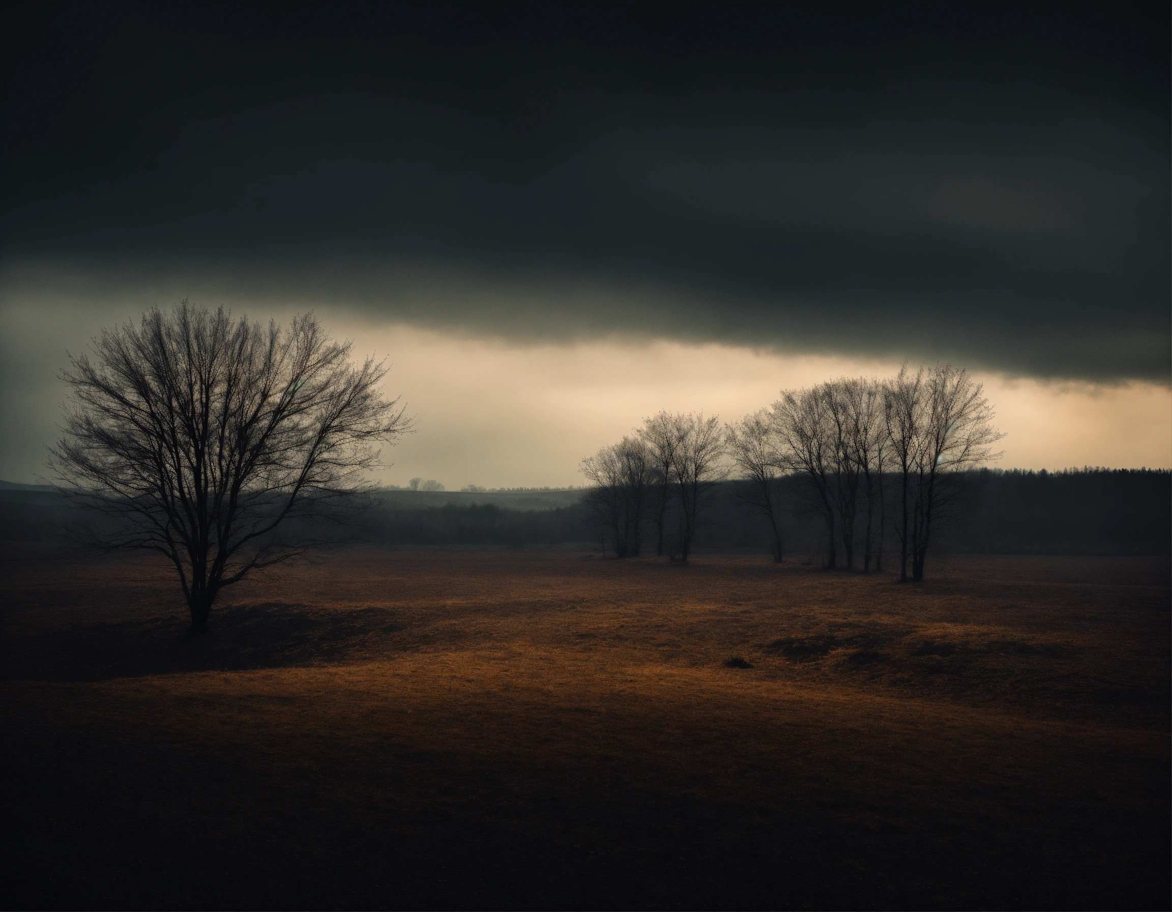 Lexica - Melancholic, dark, wanderer, empty dark landscape, a few trees
