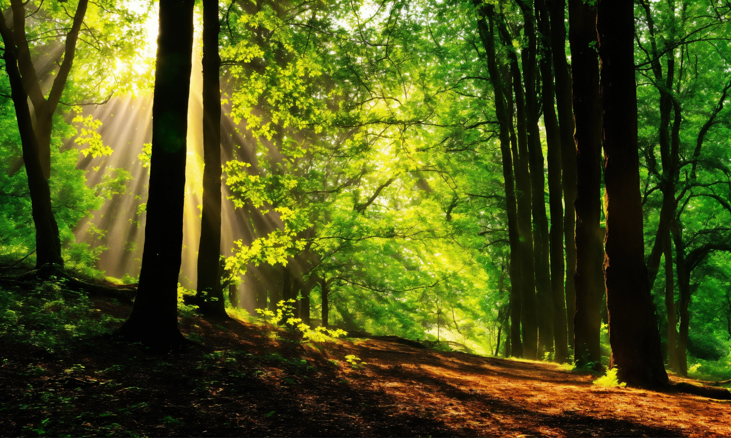 Lexica - Image of a peaceful forest with green leaves and sun rays