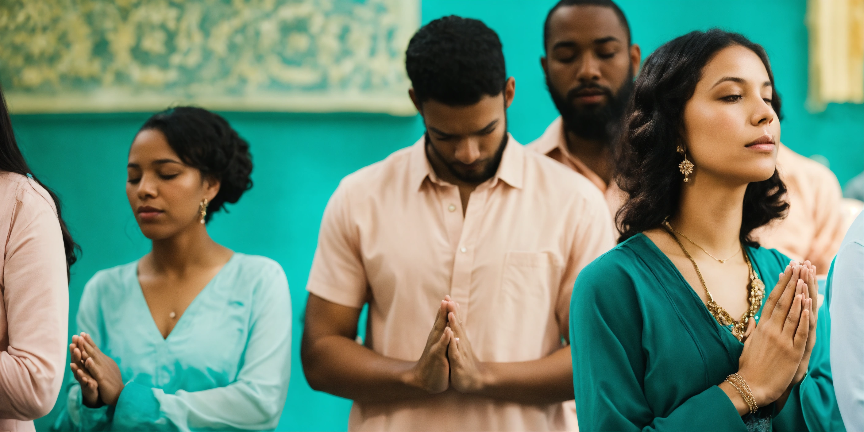 Lexica - American women and men praying together in turquoise background