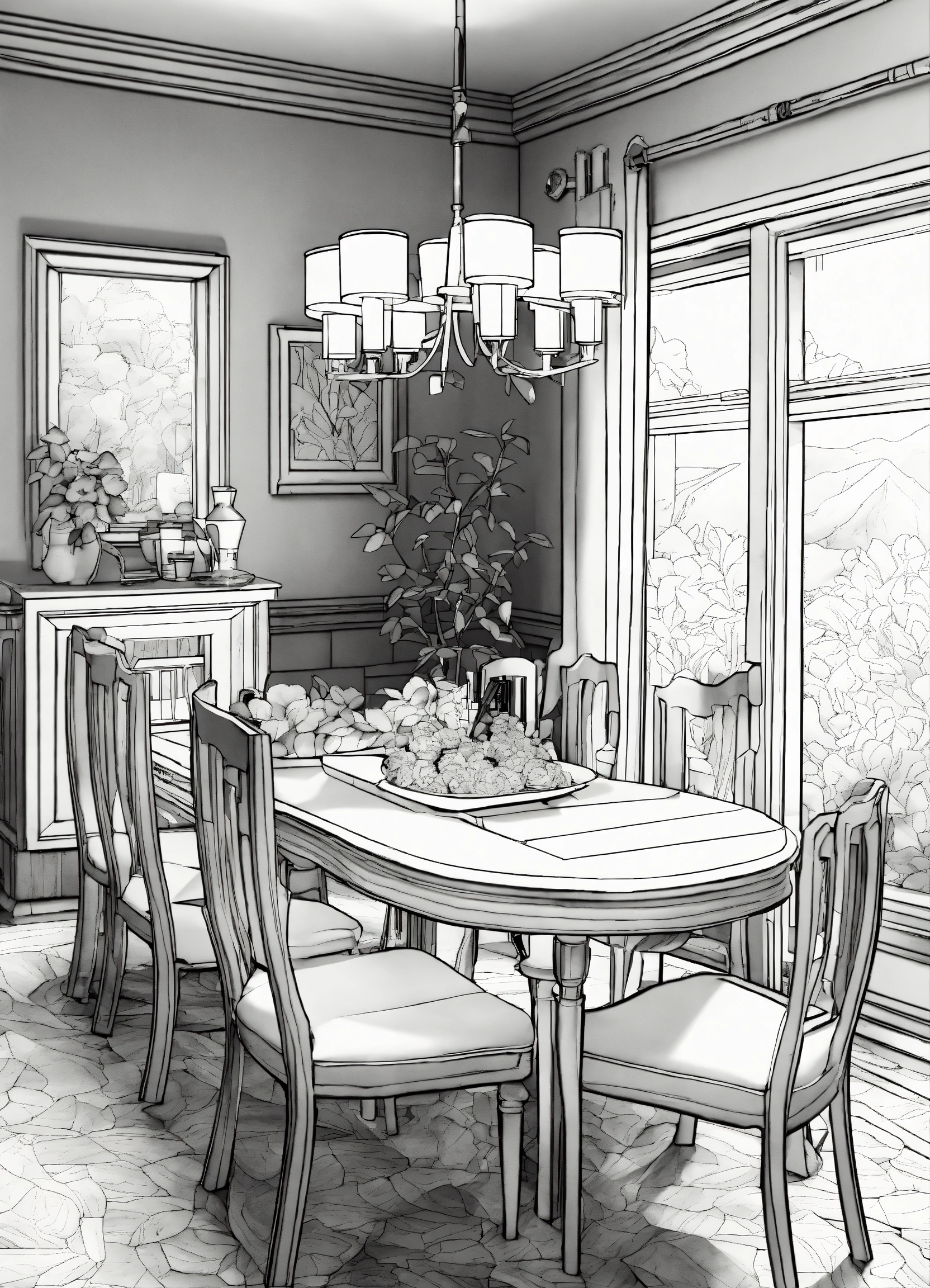 Lexica - Coloring book page, isometric dining room, 3d art, black and ...