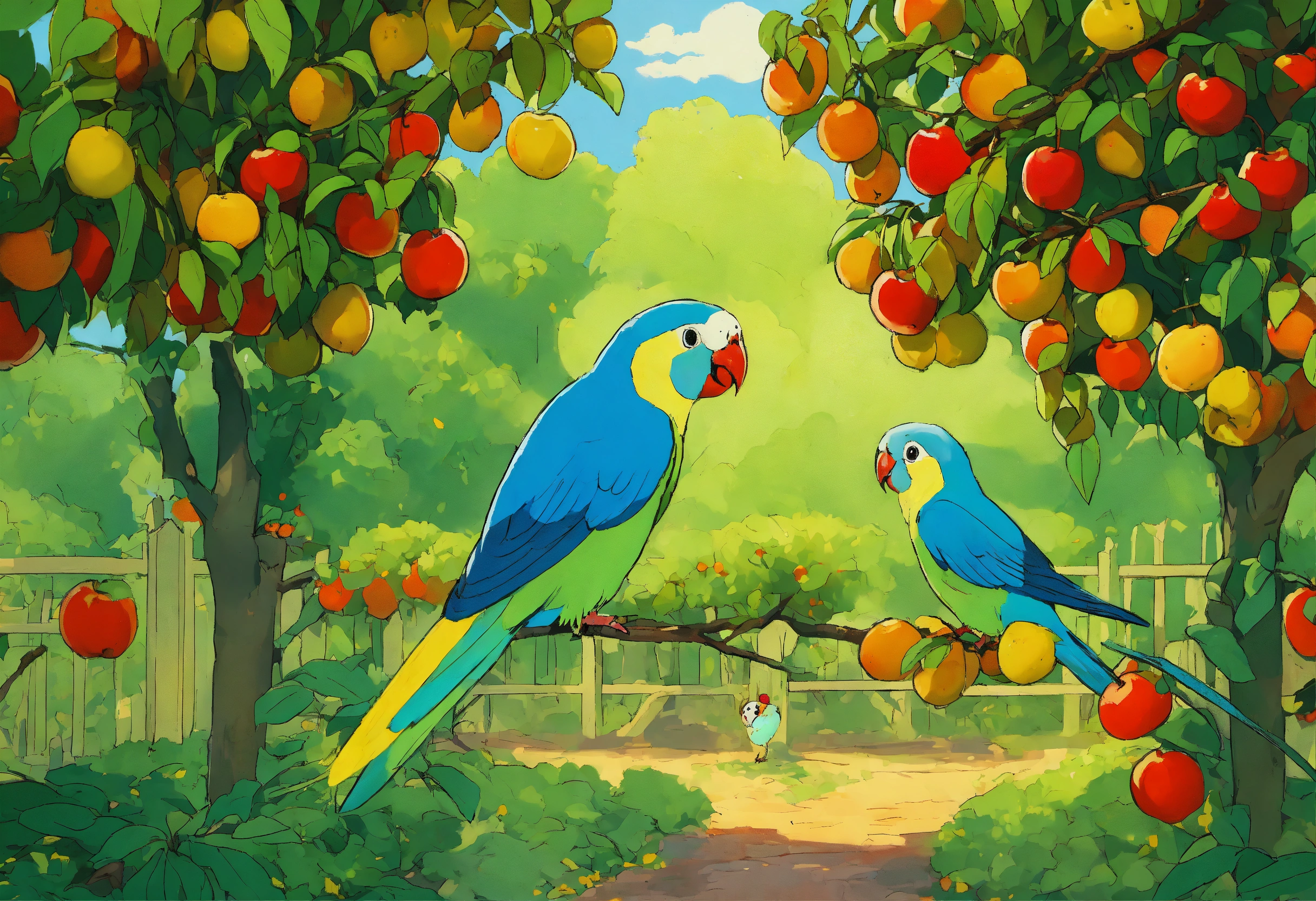 lexica-garden-with-fruit-trees-green-parakeets-eating-fruit-style