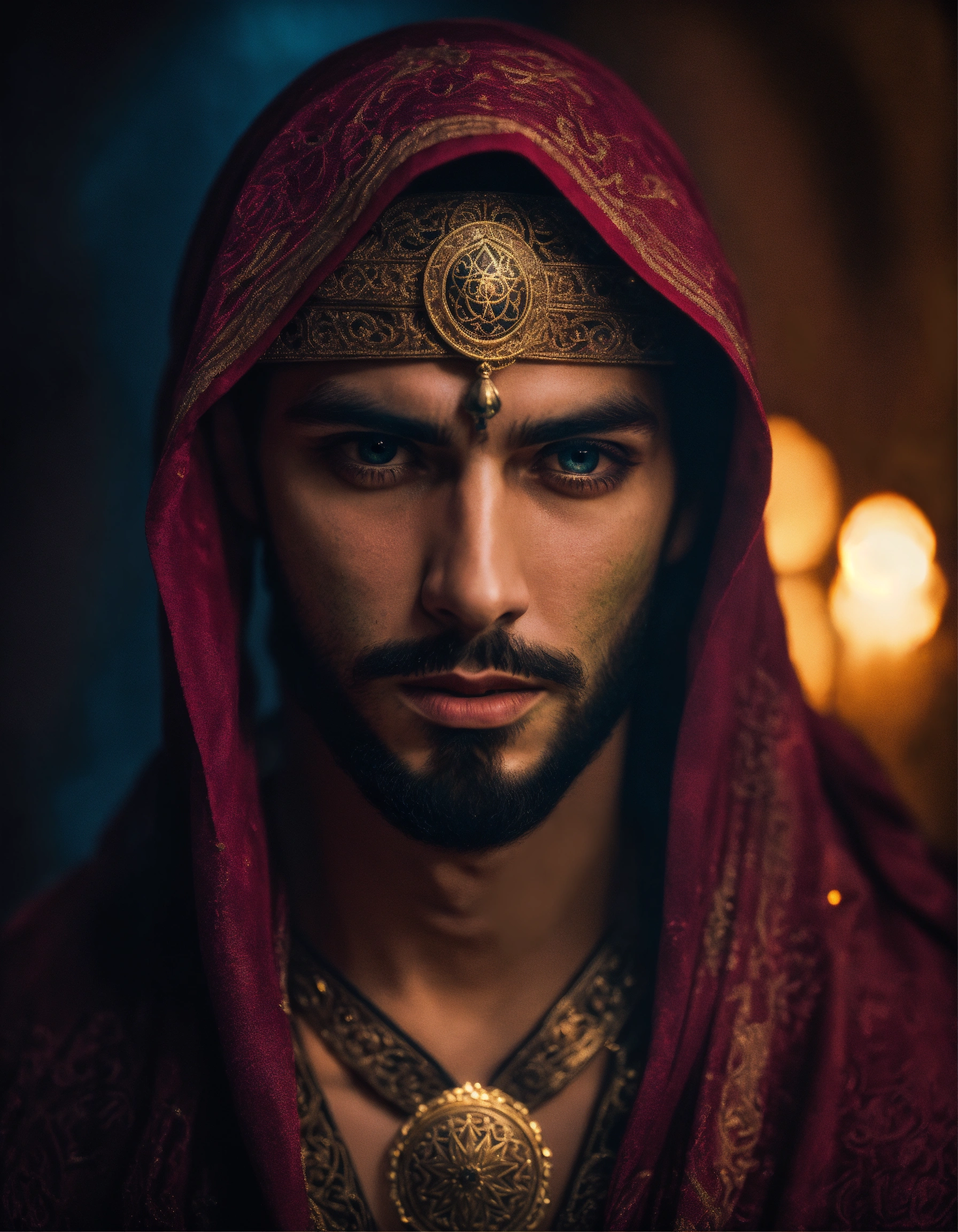 Lexica - Dramatic headshot of a young handsome wicked Arabic sorcerer ...