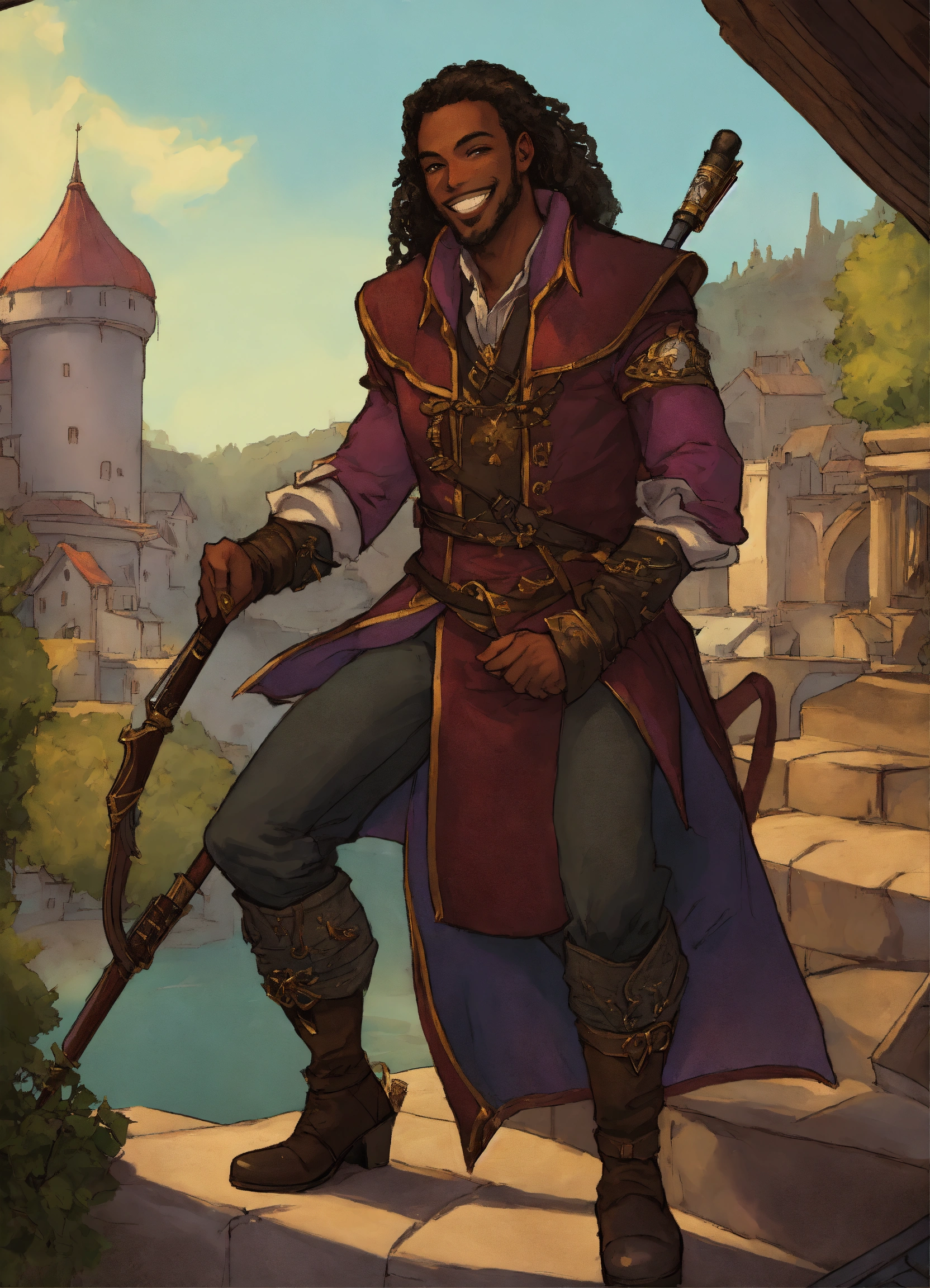 Lexica - A grinning black bard entertainer, fantasy setting, graphic ...