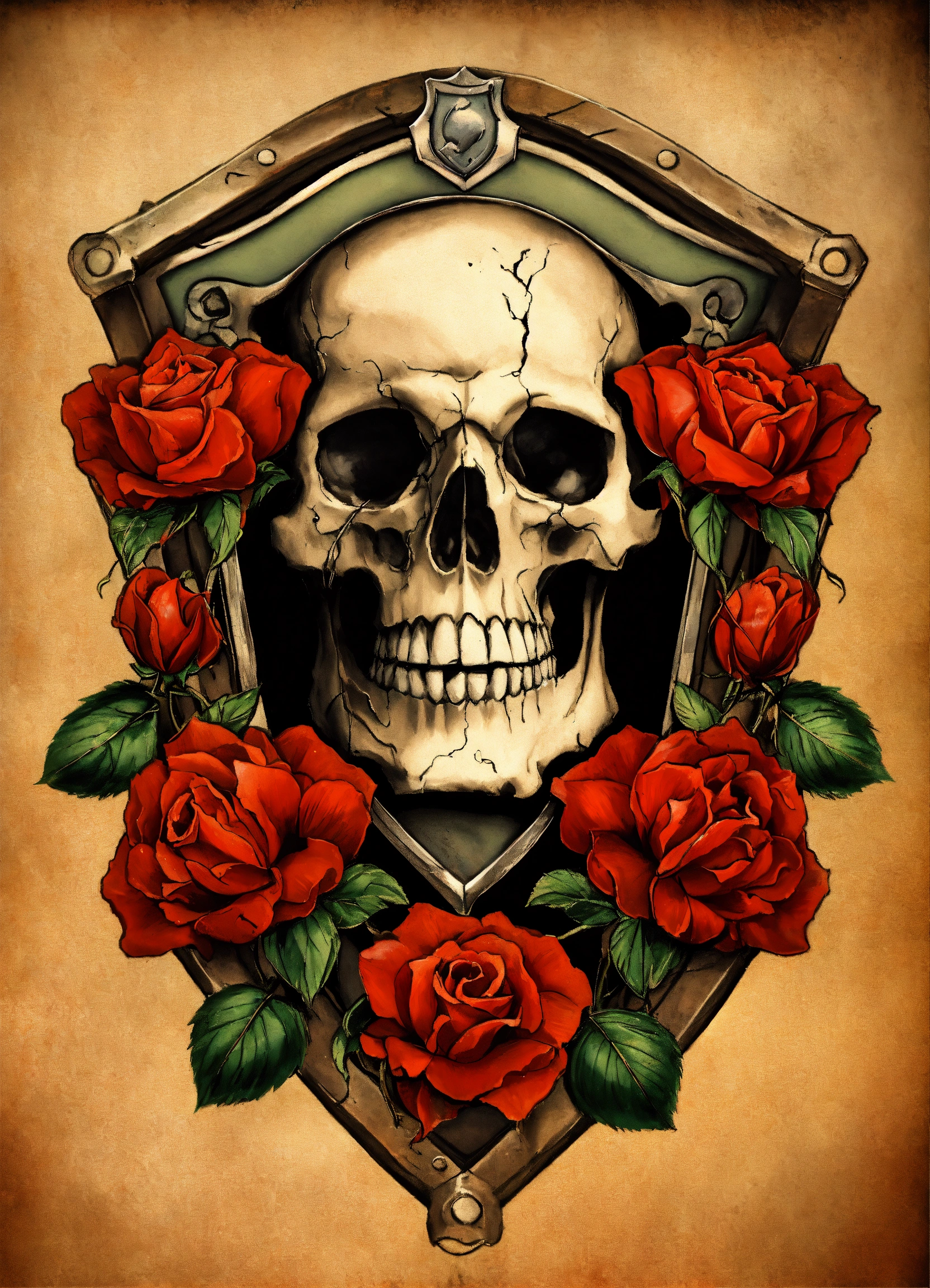 Lexica - Rotten roses next skull head with a shield old style tattoo