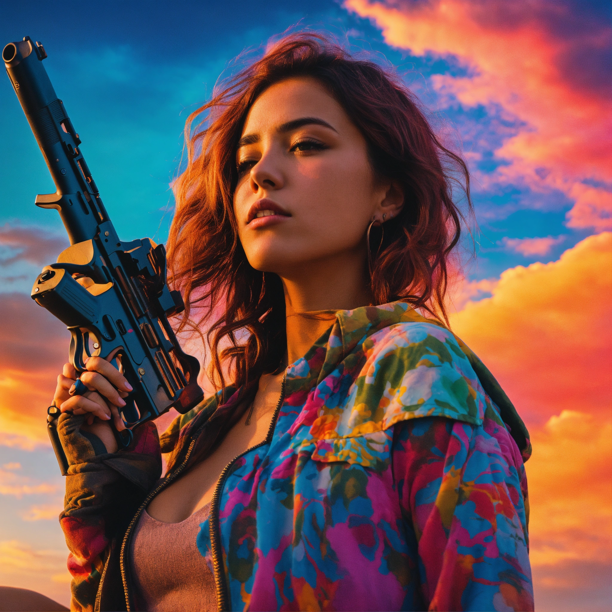 Lexica - Close up of a woman holding a gun down by her side, in front ...