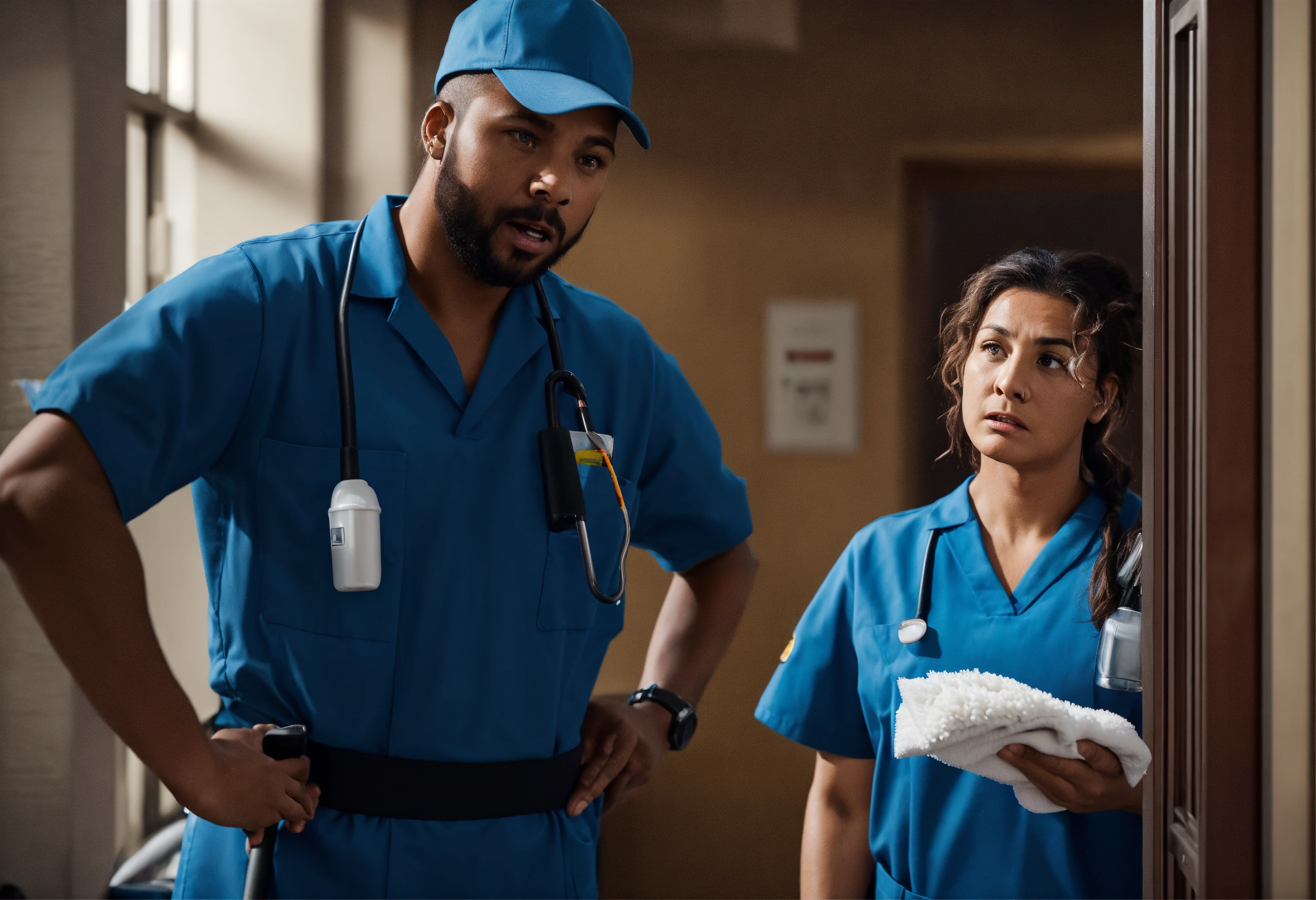 Lexica - Photo realistic, two cleaning staff talking with security ...
