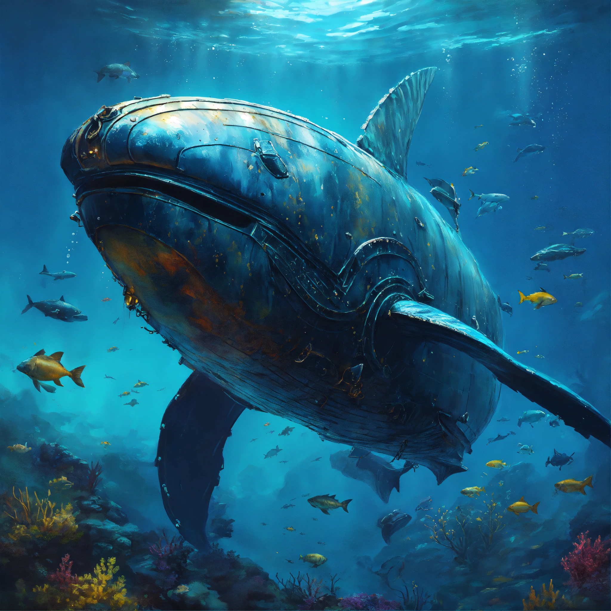 Lexica - Concept art of an metal armored whale, deep underwater ocean ...