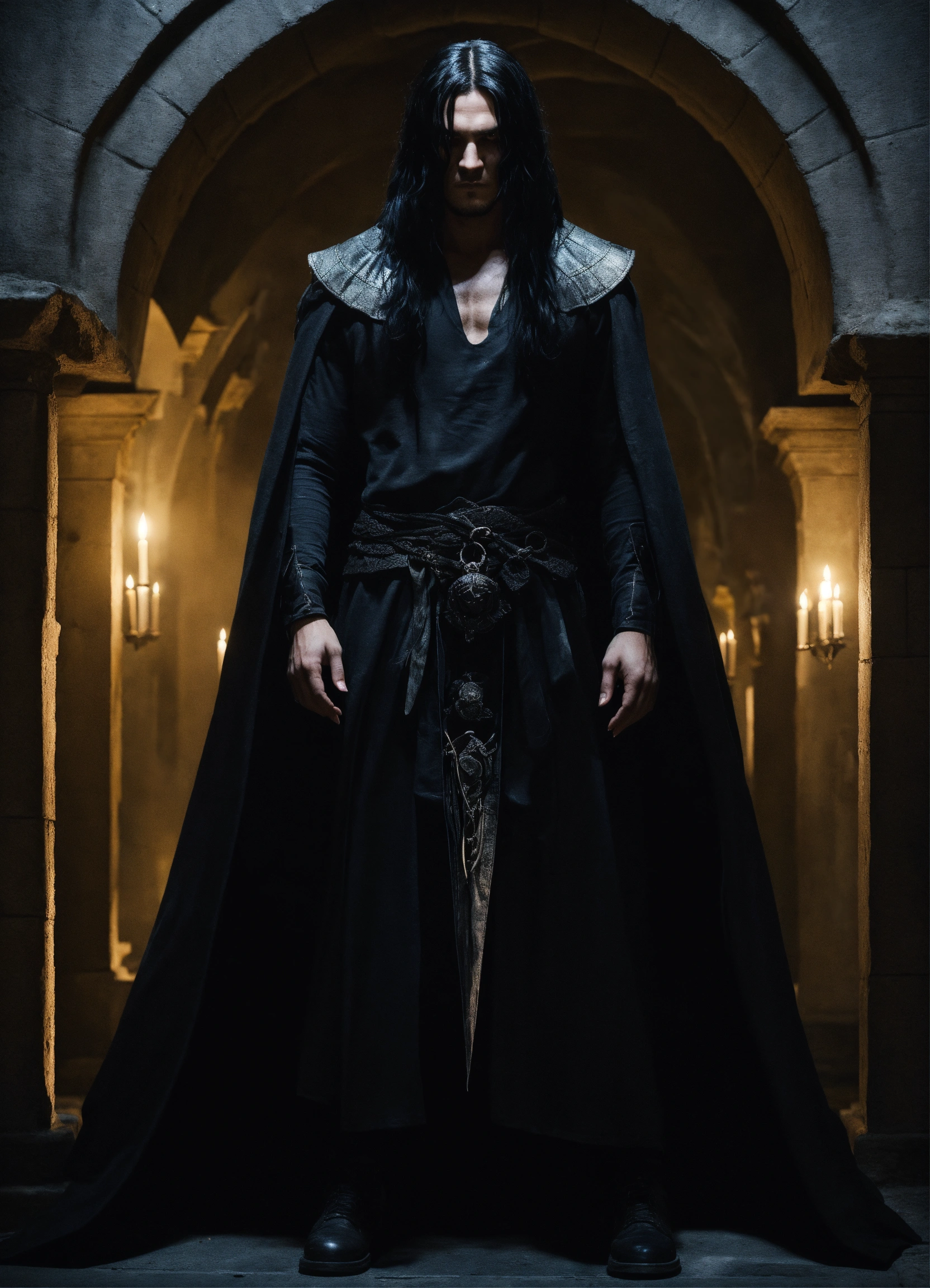 Lexica - A thin guy with long black hair is dressed in a black ...